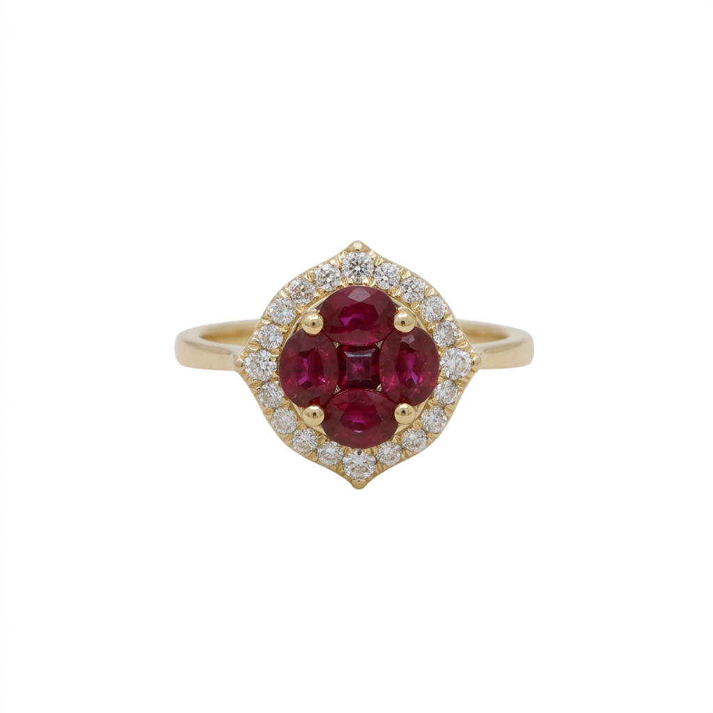 Ruby & Diamond Floral Ring in 14K Yellow Gold – 1.04 CT Rubies & 0.26 CTW Diamonds