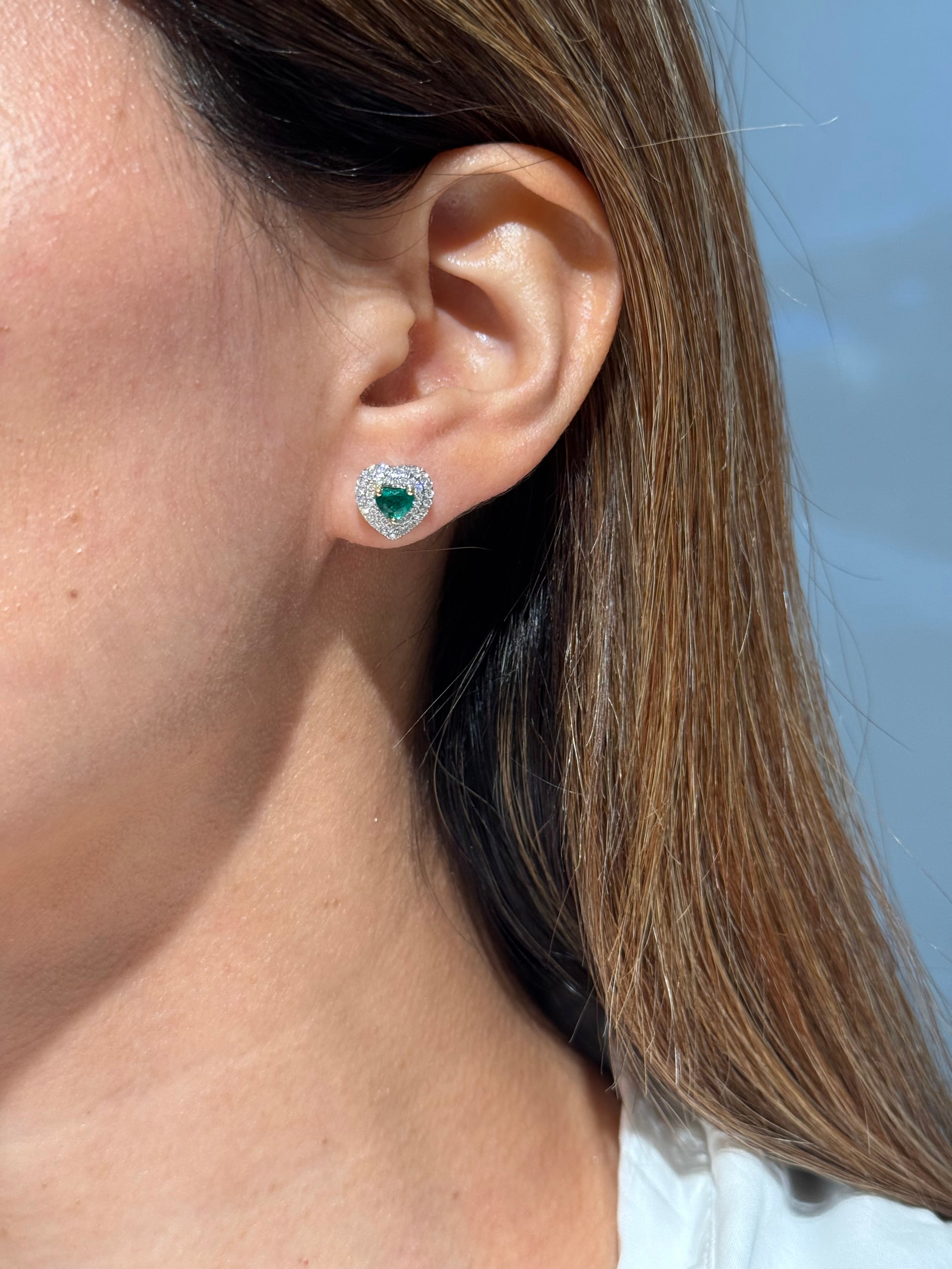 Heart Shape Emerald Diamond Earrings in 18K White Gold