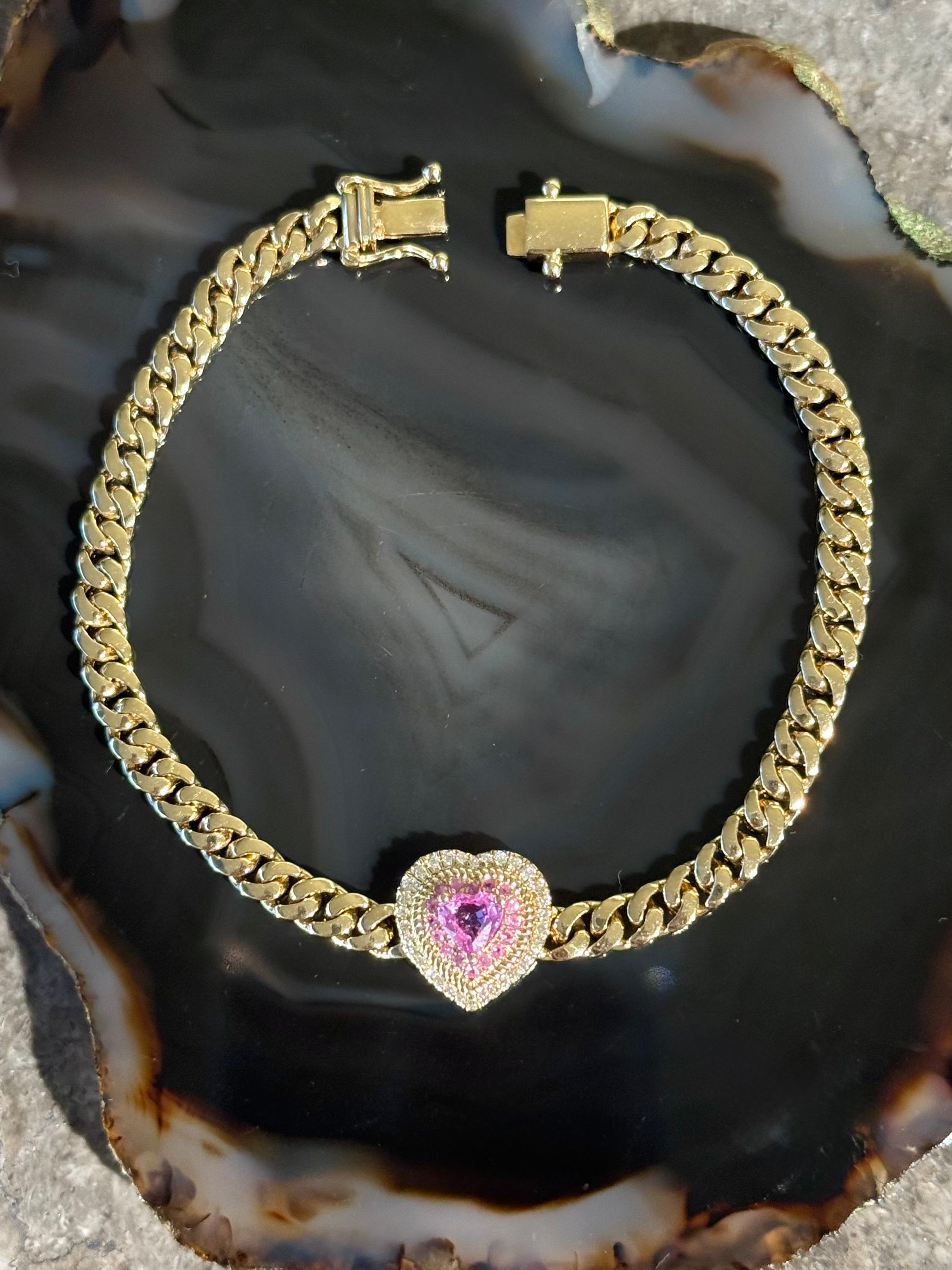 Heart Pink Sapphire & Diamond Bracelet in 14K Yellow Gold – Romantic Fine Jewelry