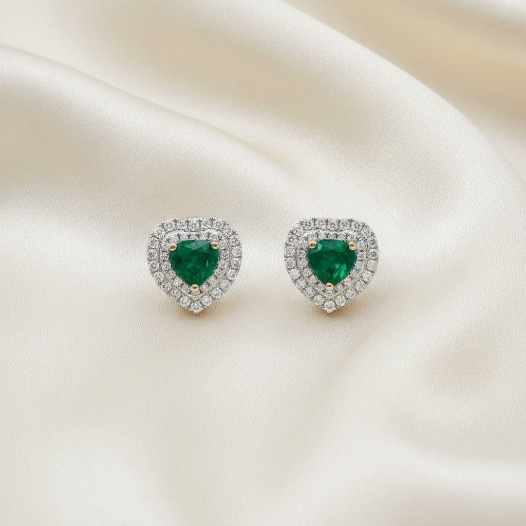 Heart Shape Emerald Diamond Earrings in 18K White Gold
