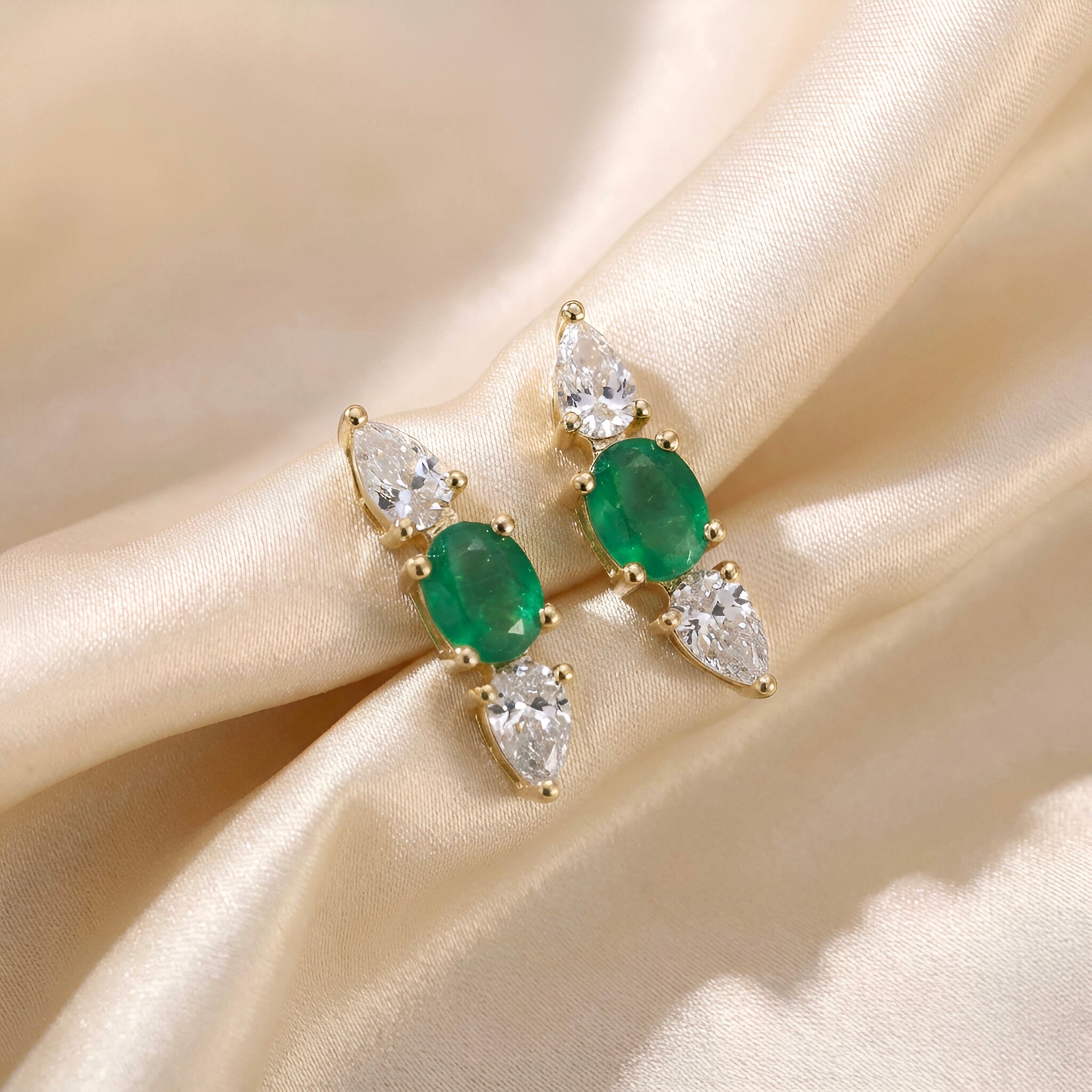 Diamond Emerald Crawler Earrings in 18K Yellow Gold