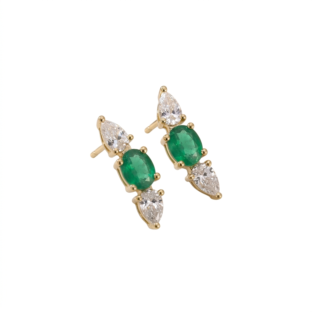 Oval Emerald & Large Pear Diamond Ear Crawler Earrings in 18K Yellow Gold – Elegant Fine Jewelry