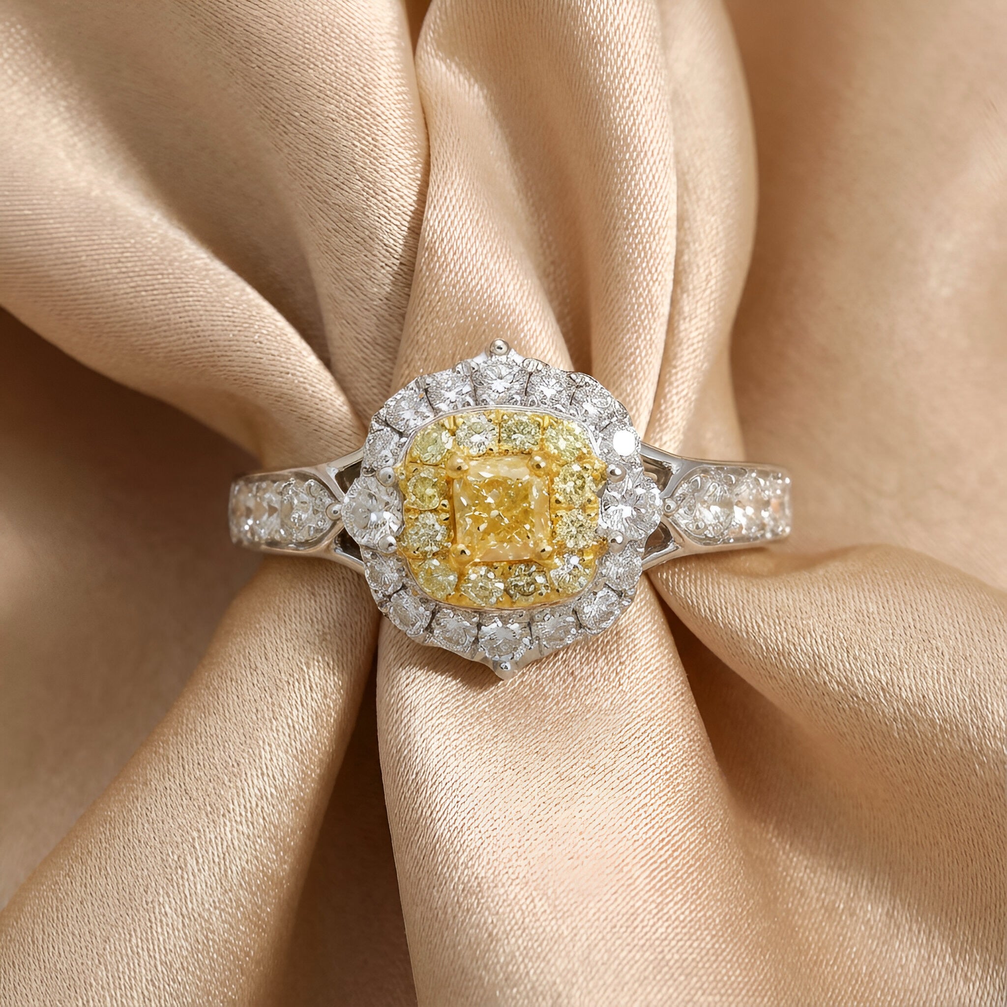 Yellow Diamond Ring in 14K Two Tone Gold