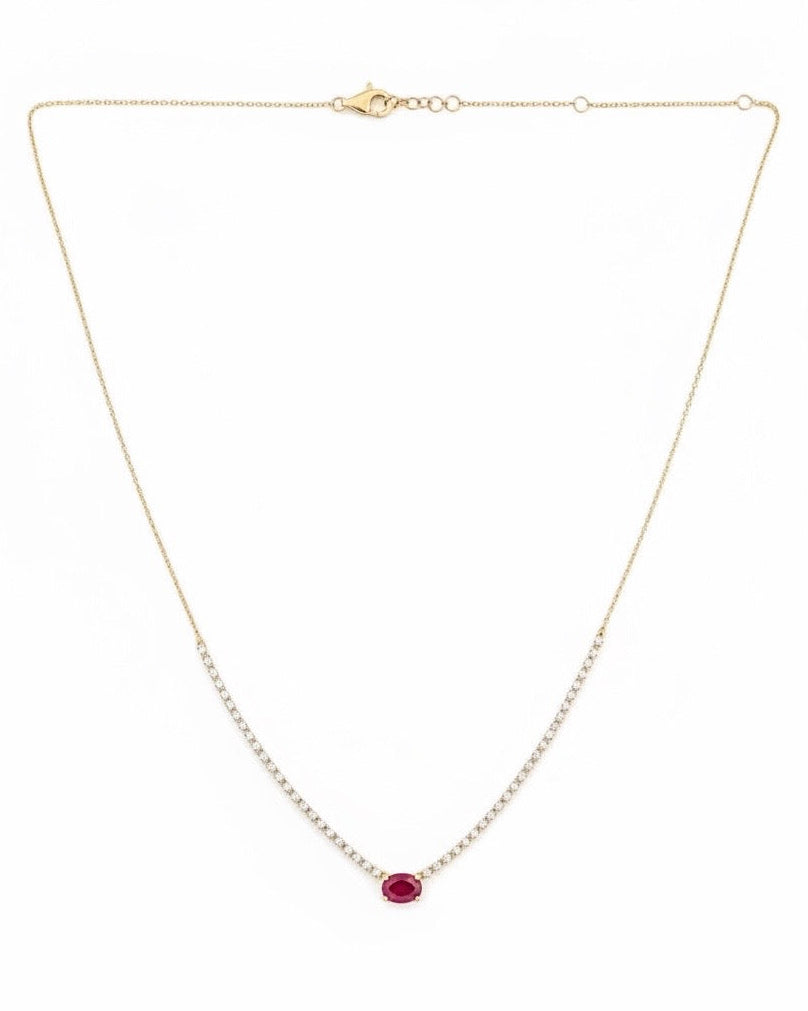 Oval Ruby & Diamond Station Necklace in 14K Yellow Gold — 1.15 CT Natural Ruby