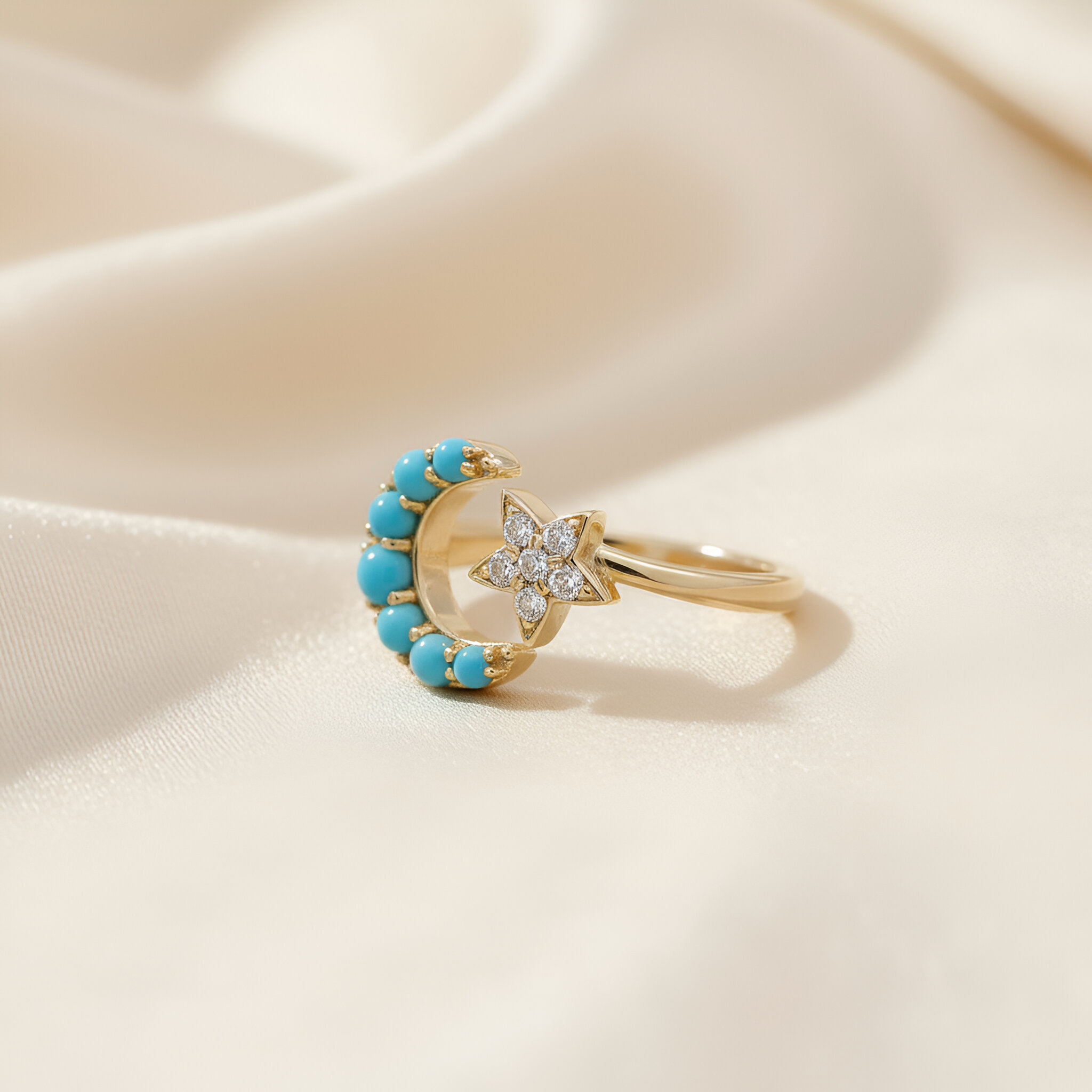 Star Moon Turquoise Diamond Ring in 18k Yellow Gold Size 7