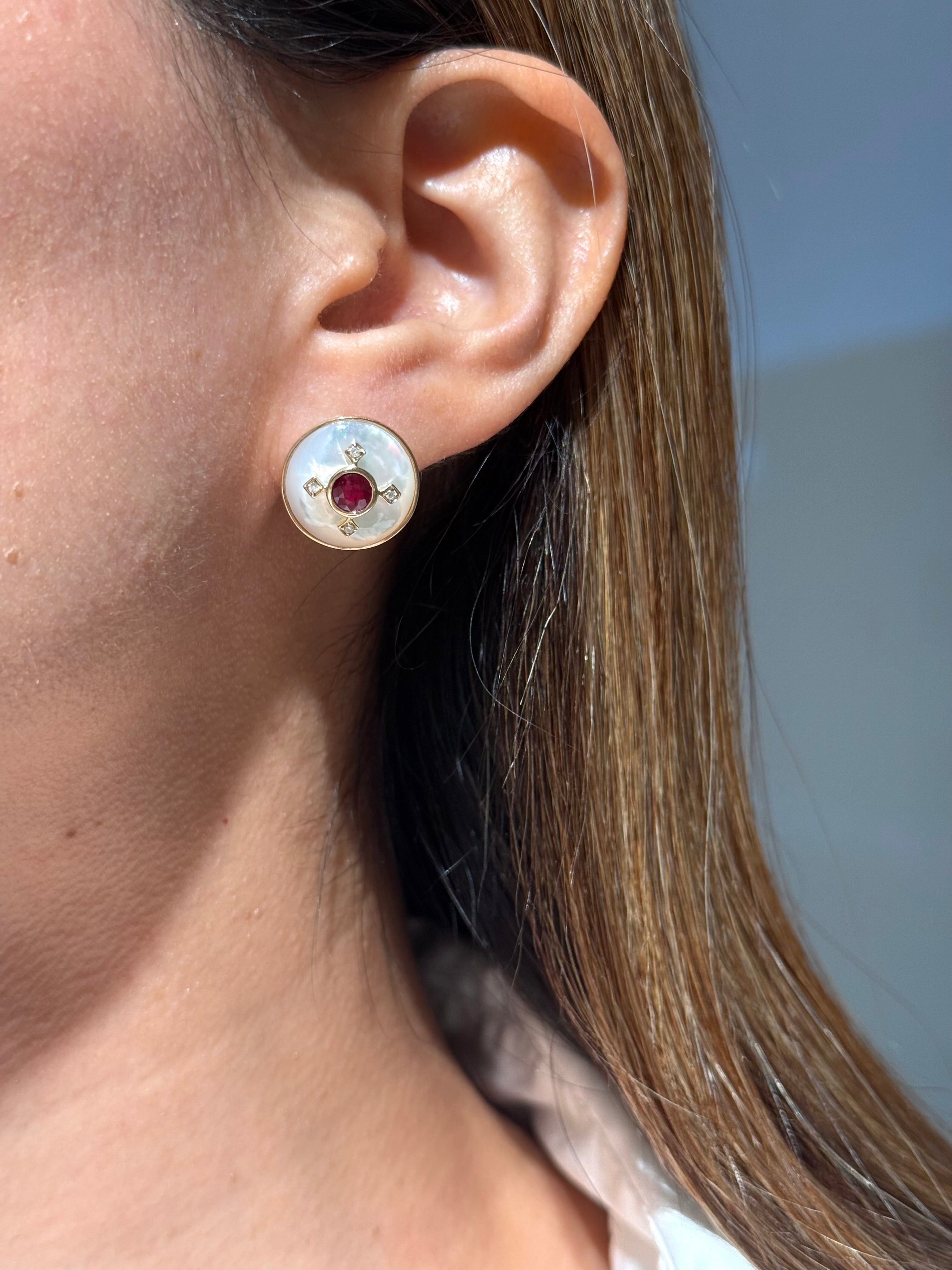 Classy Ruby Mother of Pearl Earrings in 14K Yellow Gold