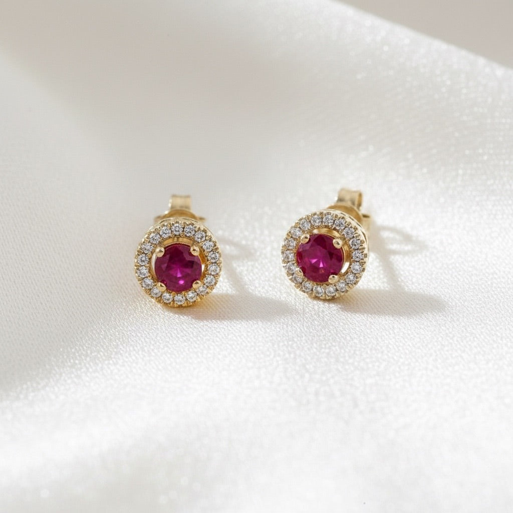 Diamond & Ruby Halo Stud Earrings in 14K Yellow Gold – 0.71 CT Rubies & 0.12 CTW Diamonds