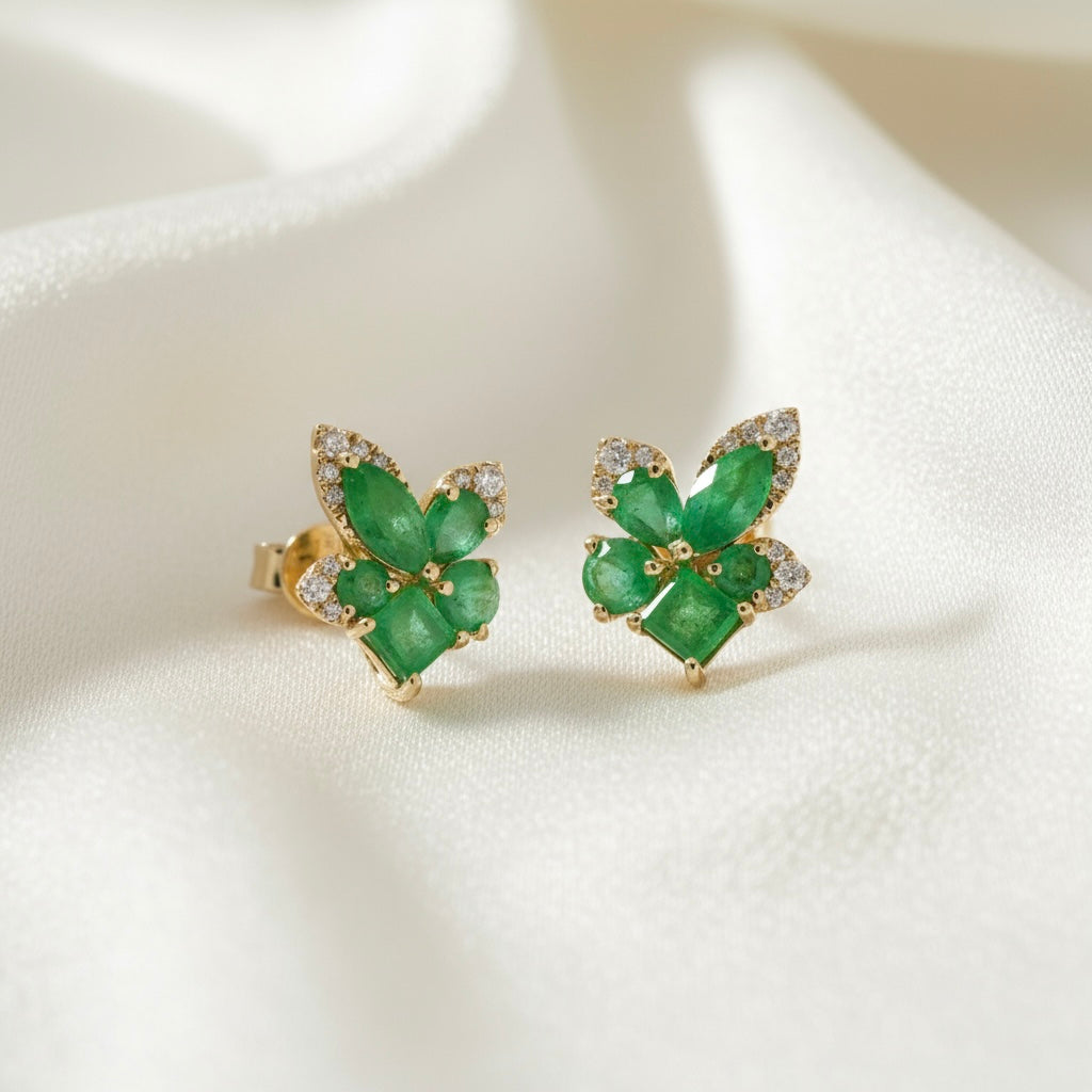Diamond Emerald Earrings in 18K Yellow Gold