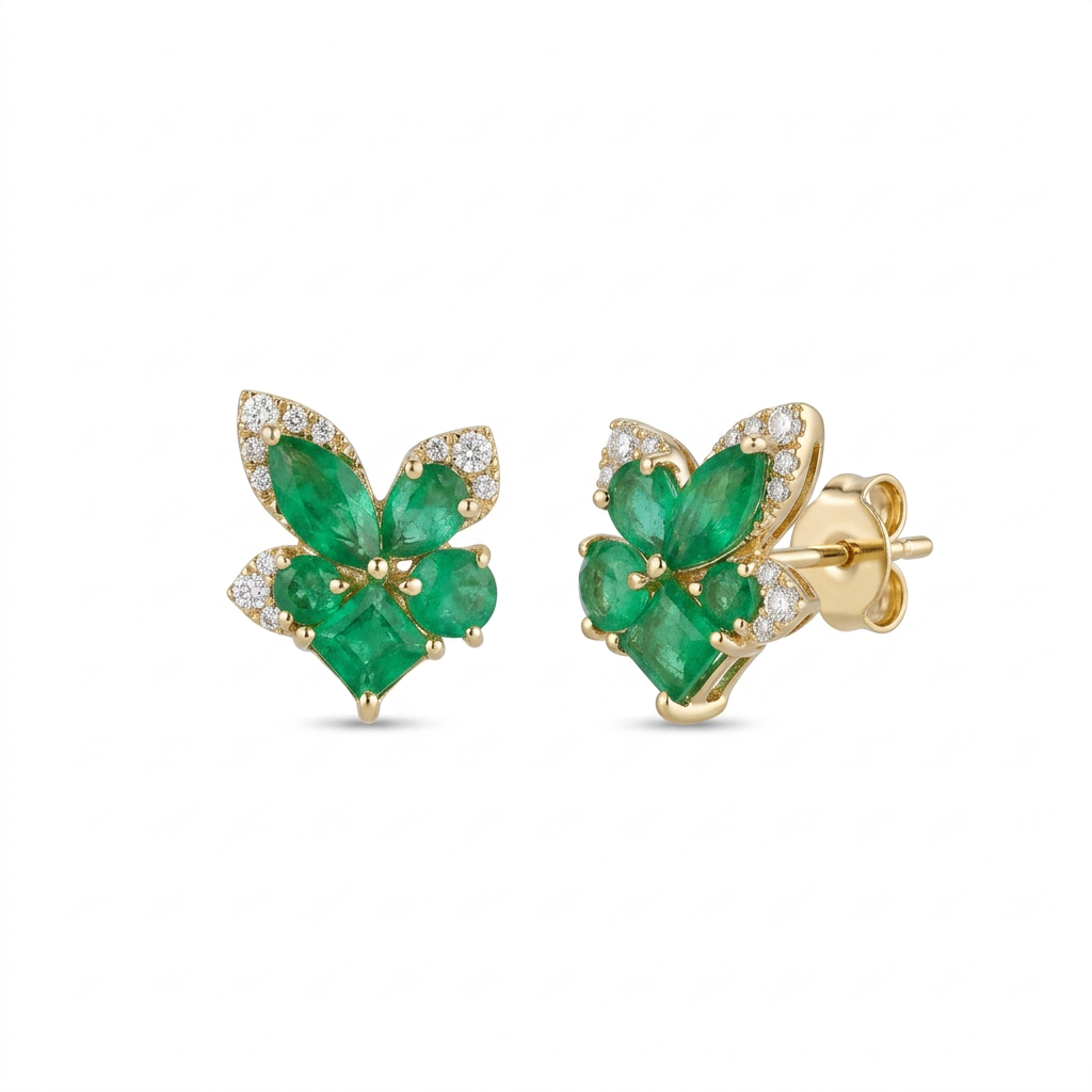 Emerald & Diamond Floral Earrings in 18K Yellow Gold – Timeless Feminine Elegance