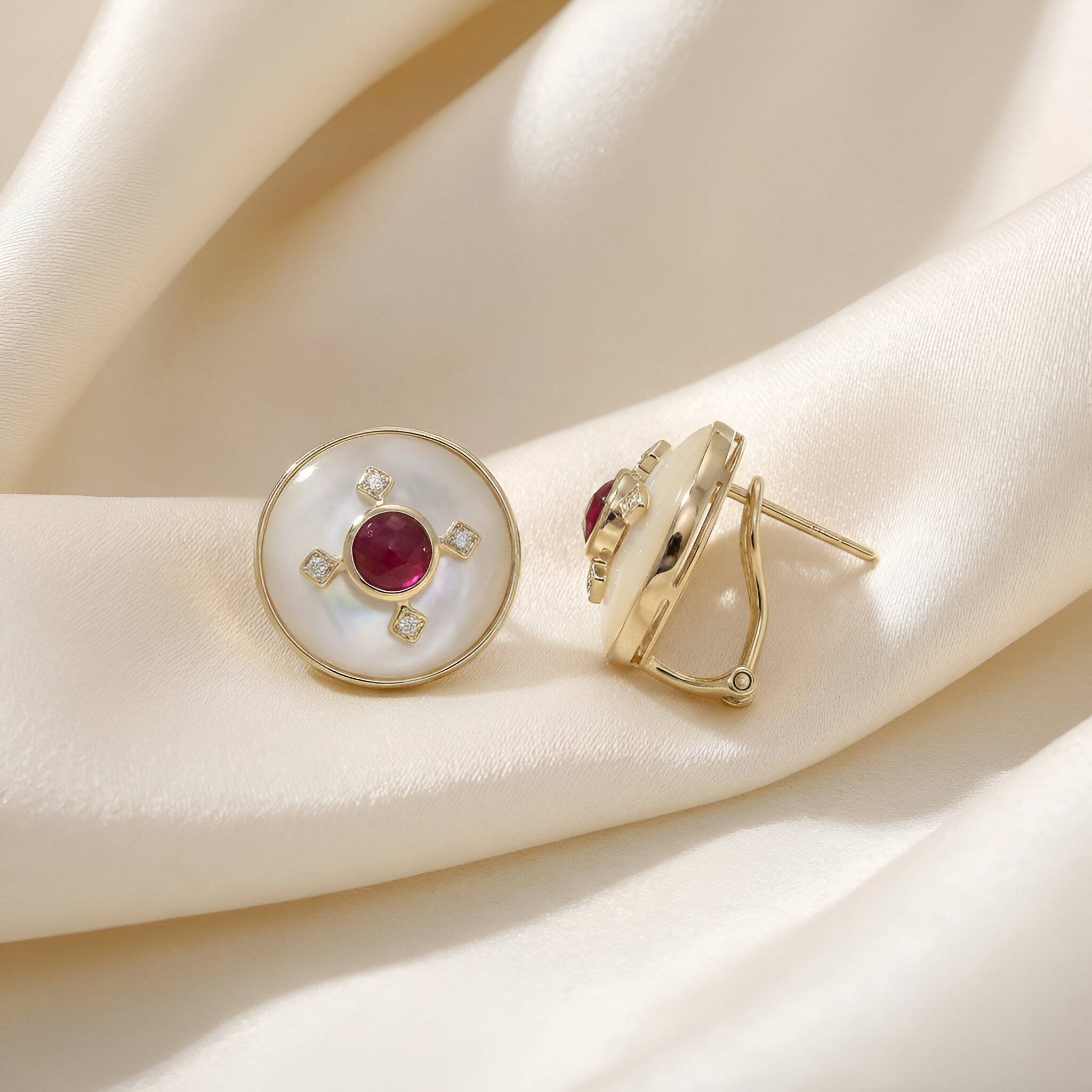 Classy Ruby Mother of Pearl Earrings in 14K Yellow Gold