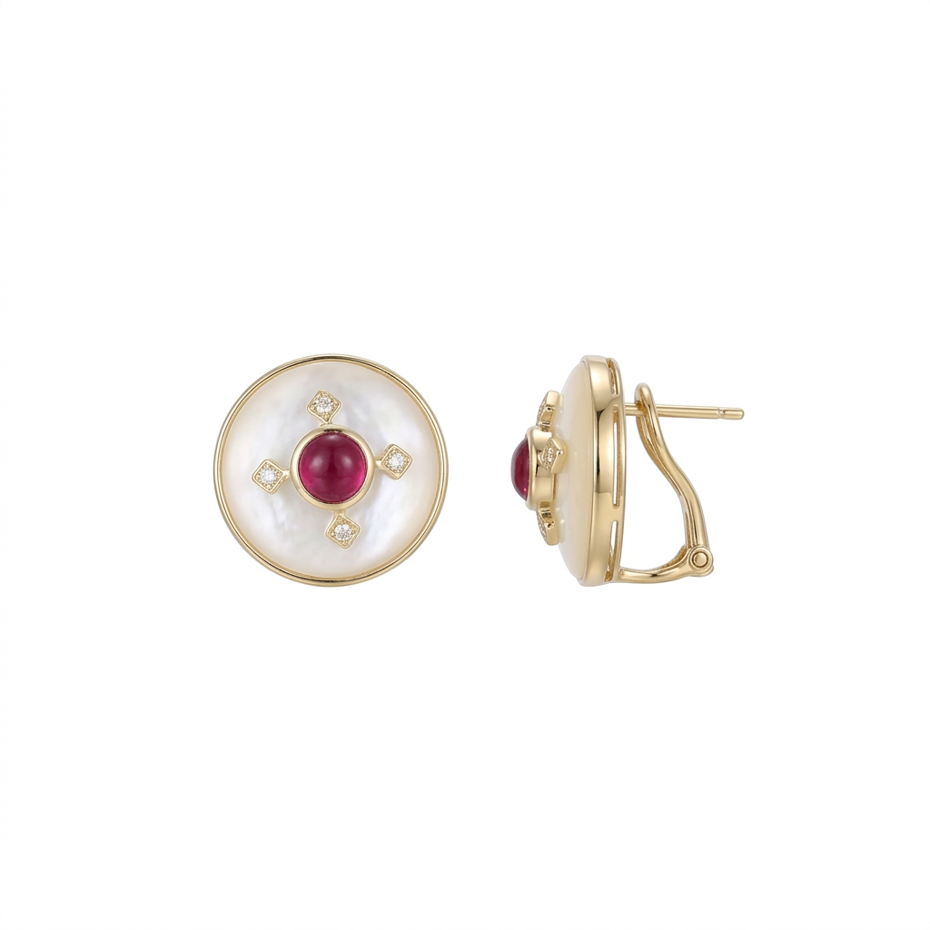 Mother of Pearl, Ruby & Diamond Earrings in 14K Yellow Gold – Sophisticated Fine Jewelry