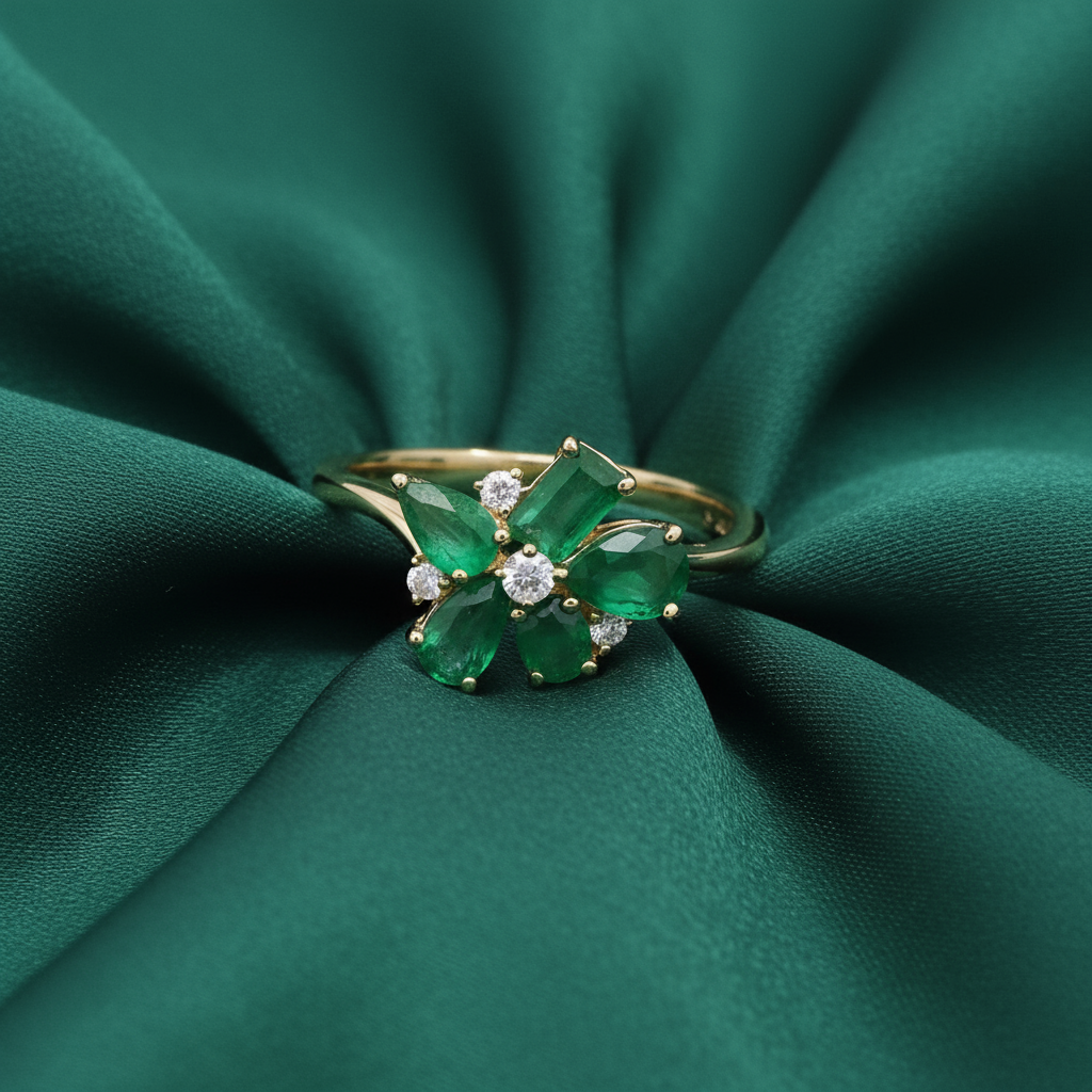 Floral Emerald Diamond Ring in 18K Yellow Gold