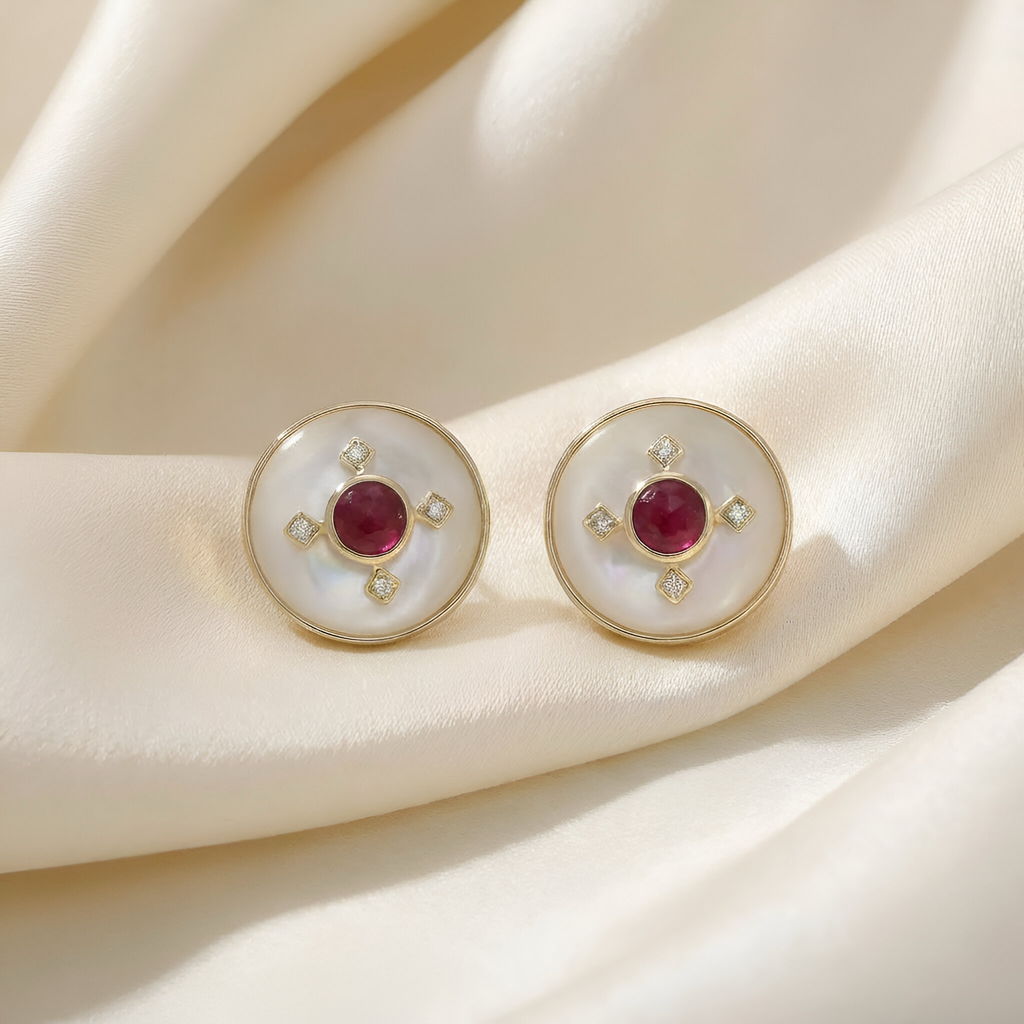Classy Ruby Mother of Pearl Earrings in 14K Yellow Gold
