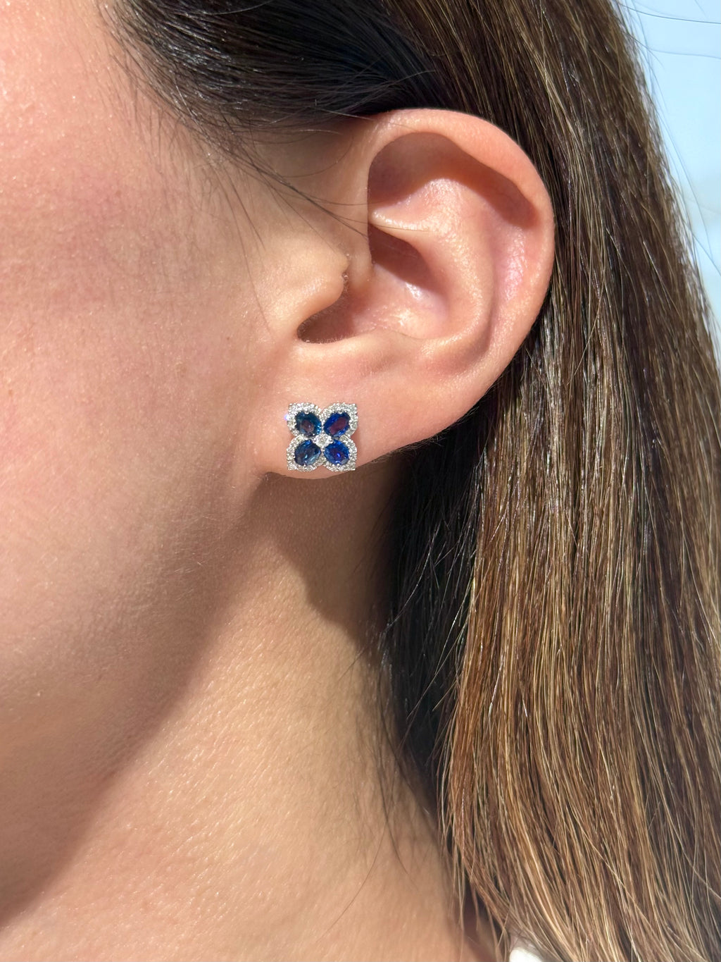 Diamond & Blue Sapphire Floral Stud Earrings in 14K White Gold – 1.76 CT Sapphires & 0.30 CTW Diamonds