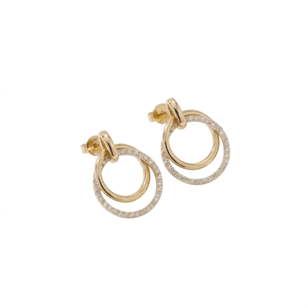 Double Circle Diamond Drop Earrings in 14K Yellow Gold – 0.28 CTW Modern Fine Jewelry