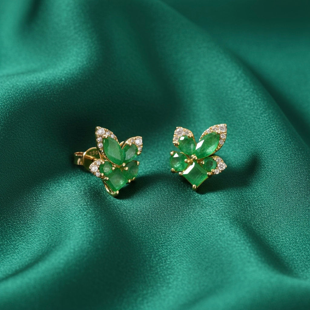 Diamond Emerald Earrings in 18K Yellow Gold