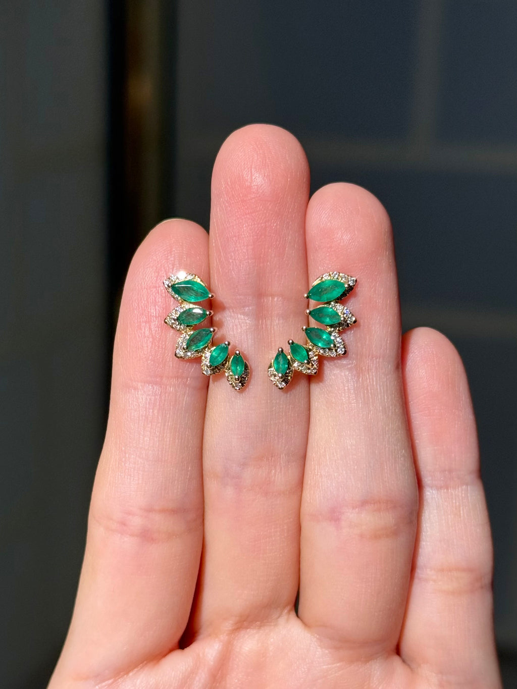 Diamond Emerald Crawler Earrings in 18k Yellow Gold