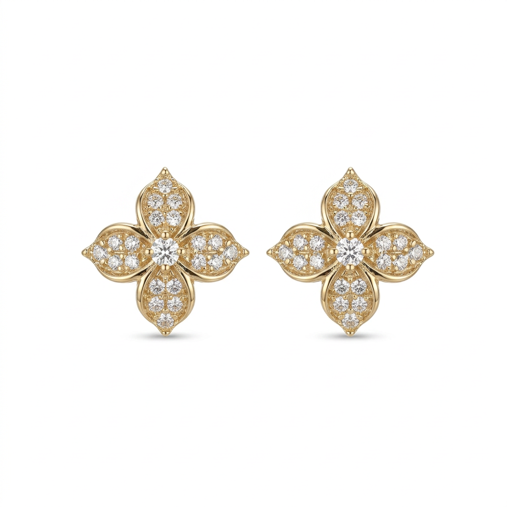 Diamond Floral Stud Earrings in 14K Yellow Gold – Feminine Fine Jewelry