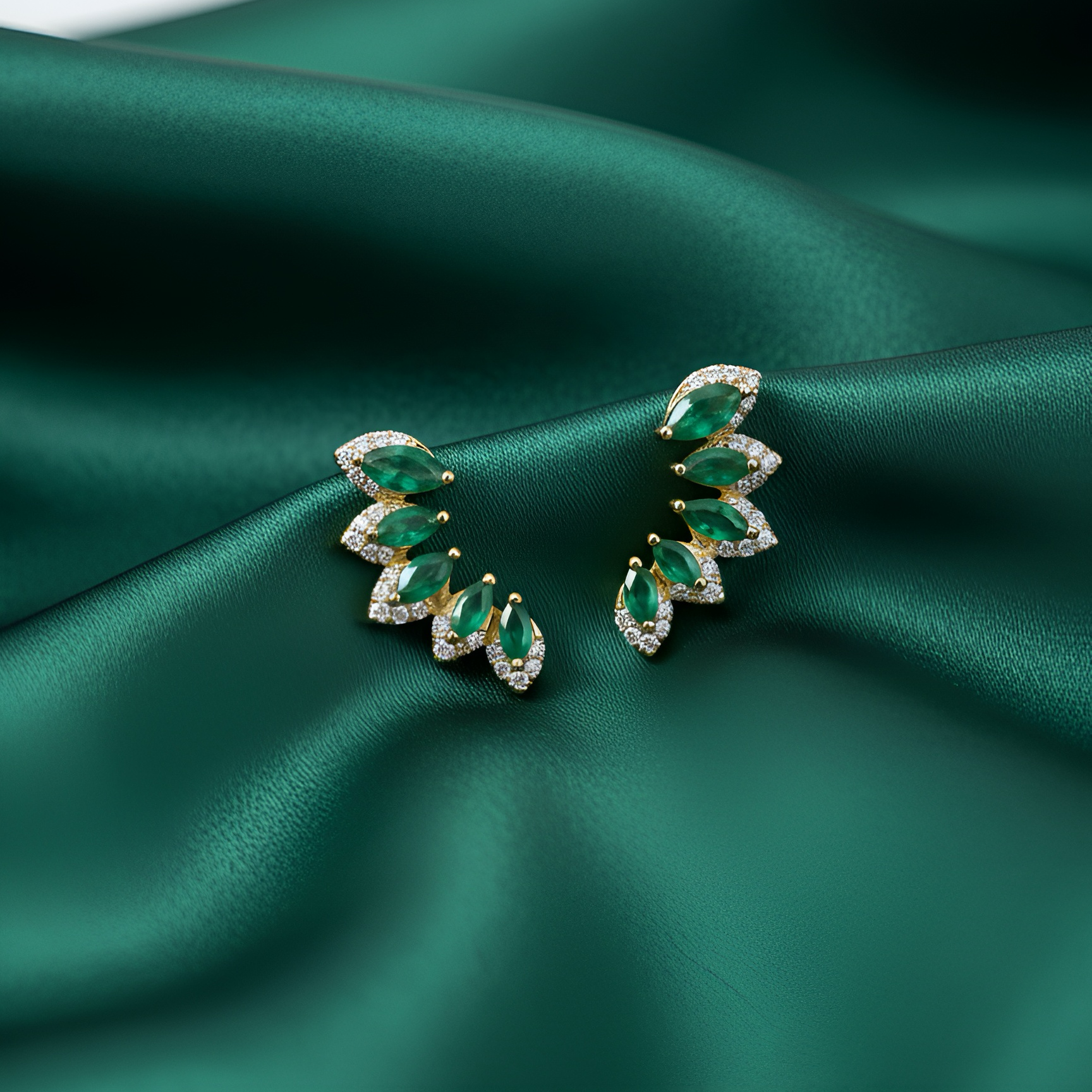 Emerald & Diamond Ear Crawler Earrings in 18K Yellow Gold – Marquise Cut Fine Jewelry