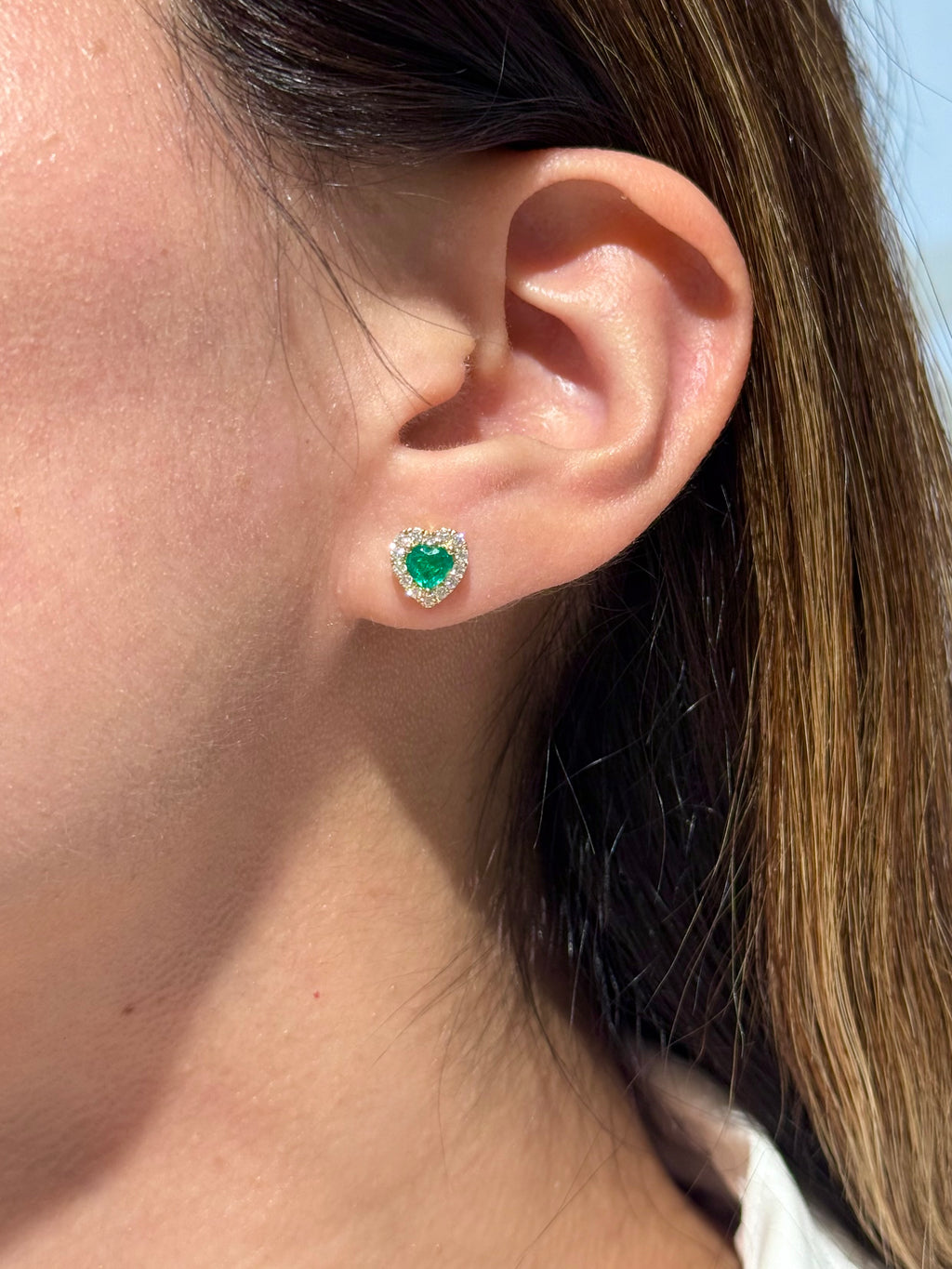 Heart-Shaped Emerald & Diamond Halo Stud Earrings in 18K Yellow Gold – 0.76 CT Emeralds & 0.28 CTW Diamonds