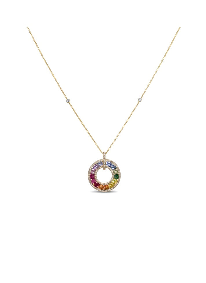 Rainbow Sapphire Diamond Necklace in 14K Yellow Gold