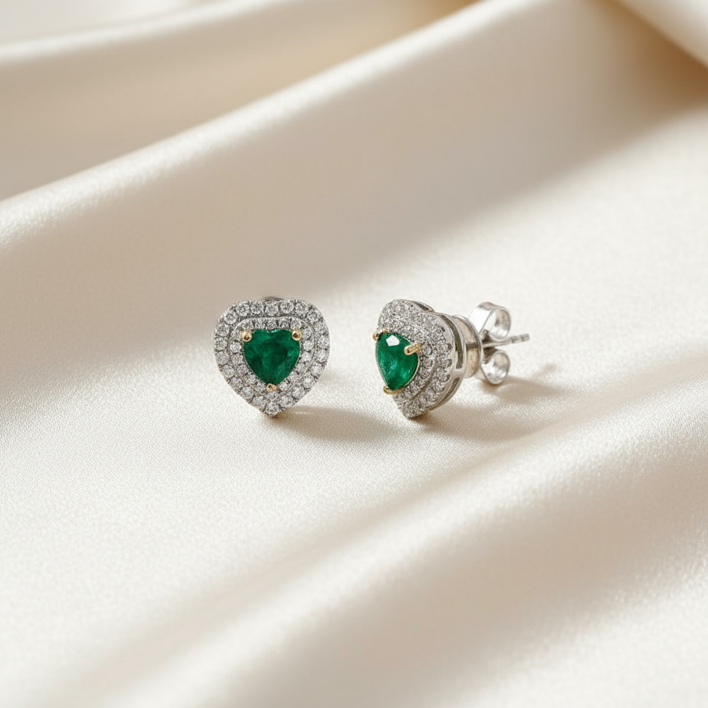 Heart Shape Emerald Diamond Earrings in 18K White Gold