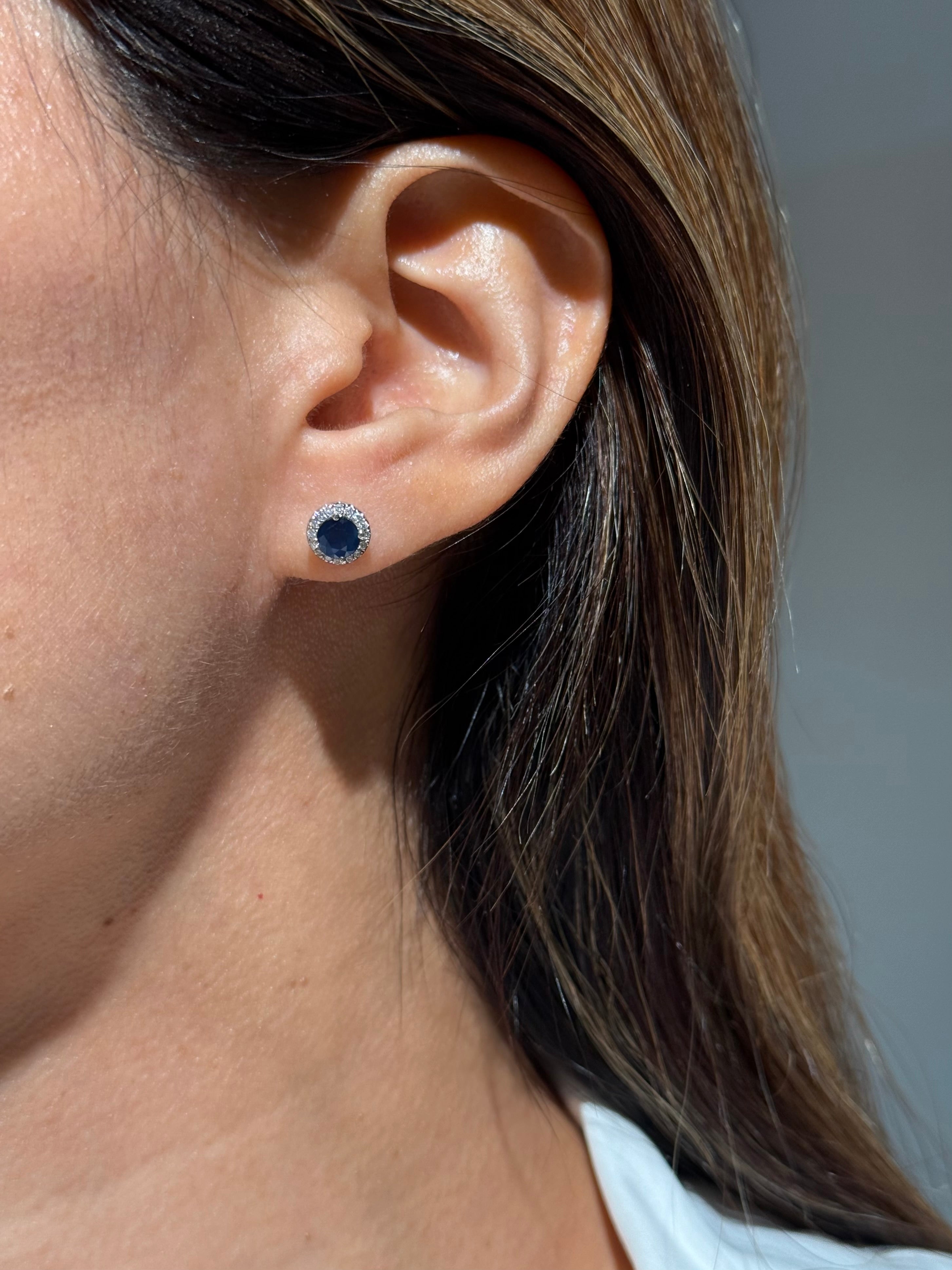 Sapphire Diamond Halo Stud Earrings in 14K White Gold