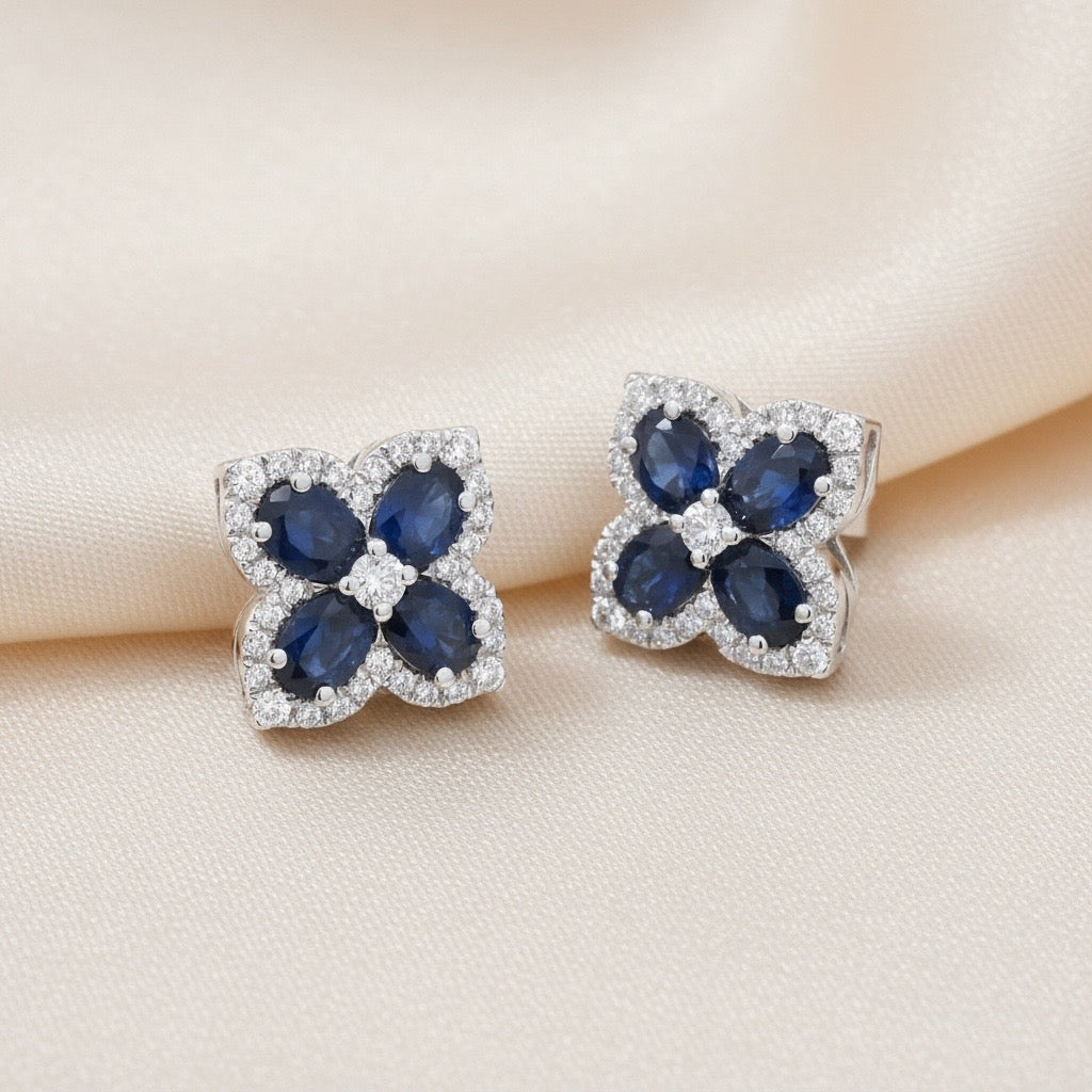Diamond & Blue Sapphire Floral Stud Earrings in 14K White Gold – 1.76 CT Sapphires & 0.30 CTW Diamonds