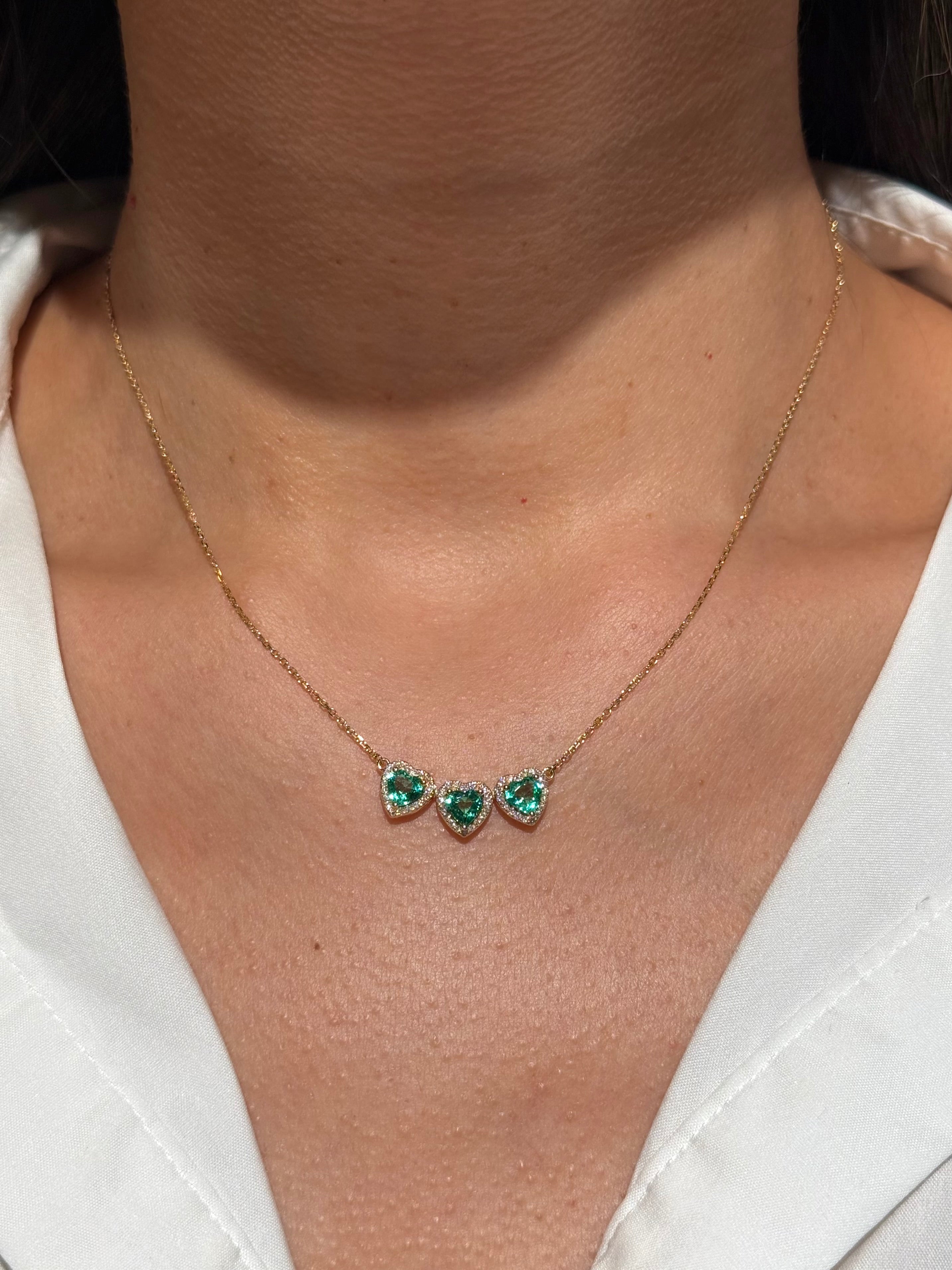 Heart Shape Emeralds Diamond Necklace in 18K Yellow Gold