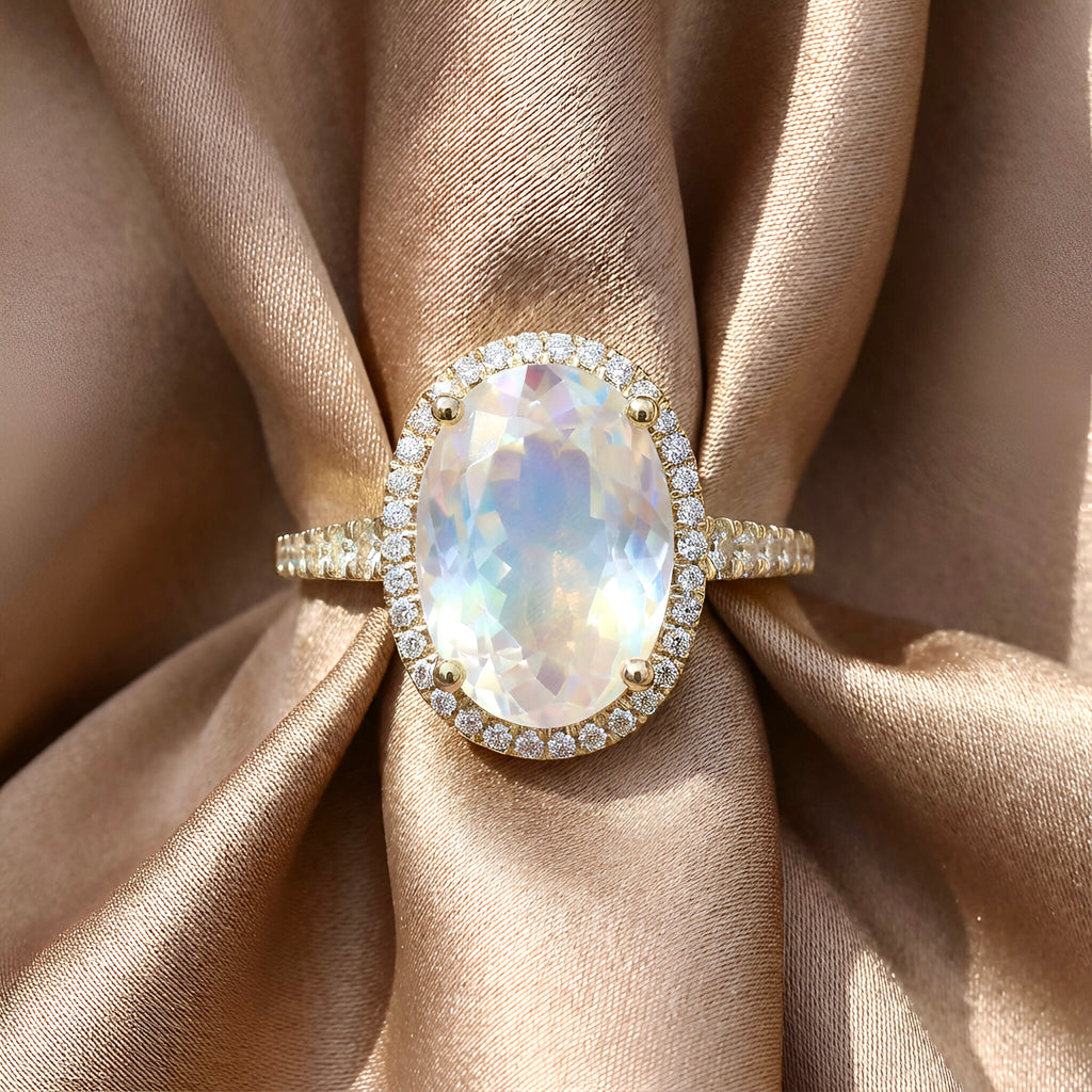 Rainbow Moonstone Diamond Ring in 14K Yellow Gold