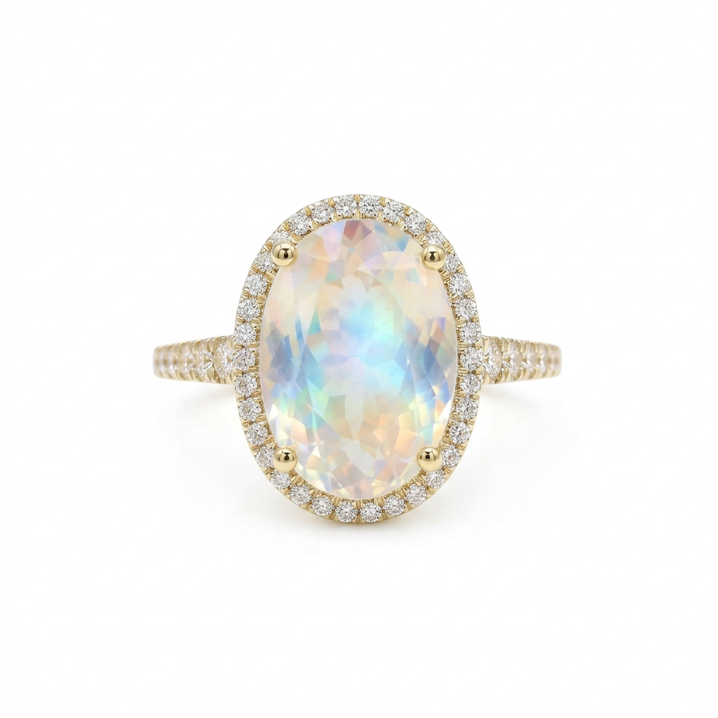 Statement Rainbow Moonstone & Diamond Halo Ring in 14K Yellow Gold – 6.10 CT Oval Moonstone