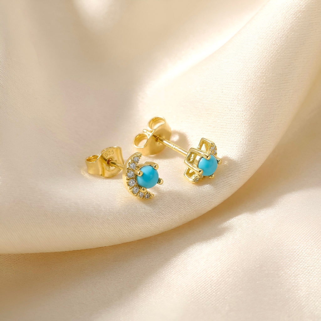 Moon Diamond Turquoise Stud Earrings in 18k Yellow Gold