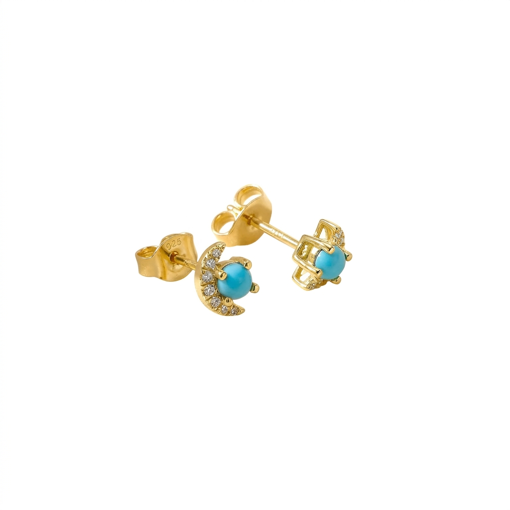 Moon Turquoise & Diamond Stud Earrings in 18K Yellow Gold – Celestial Fine Jewelry