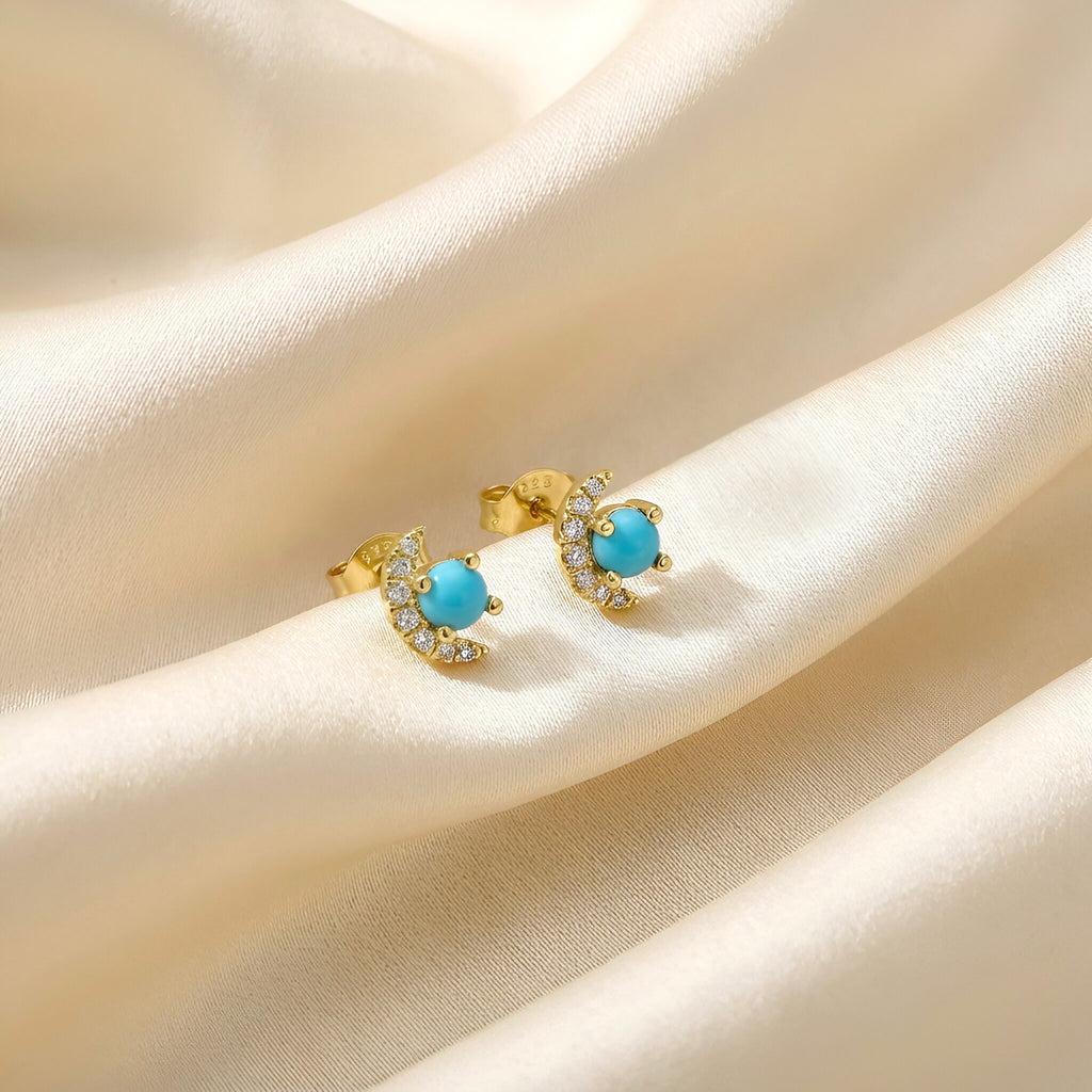 Moon Diamond Turquoise Stud Earrings in 18k Yellow Gold