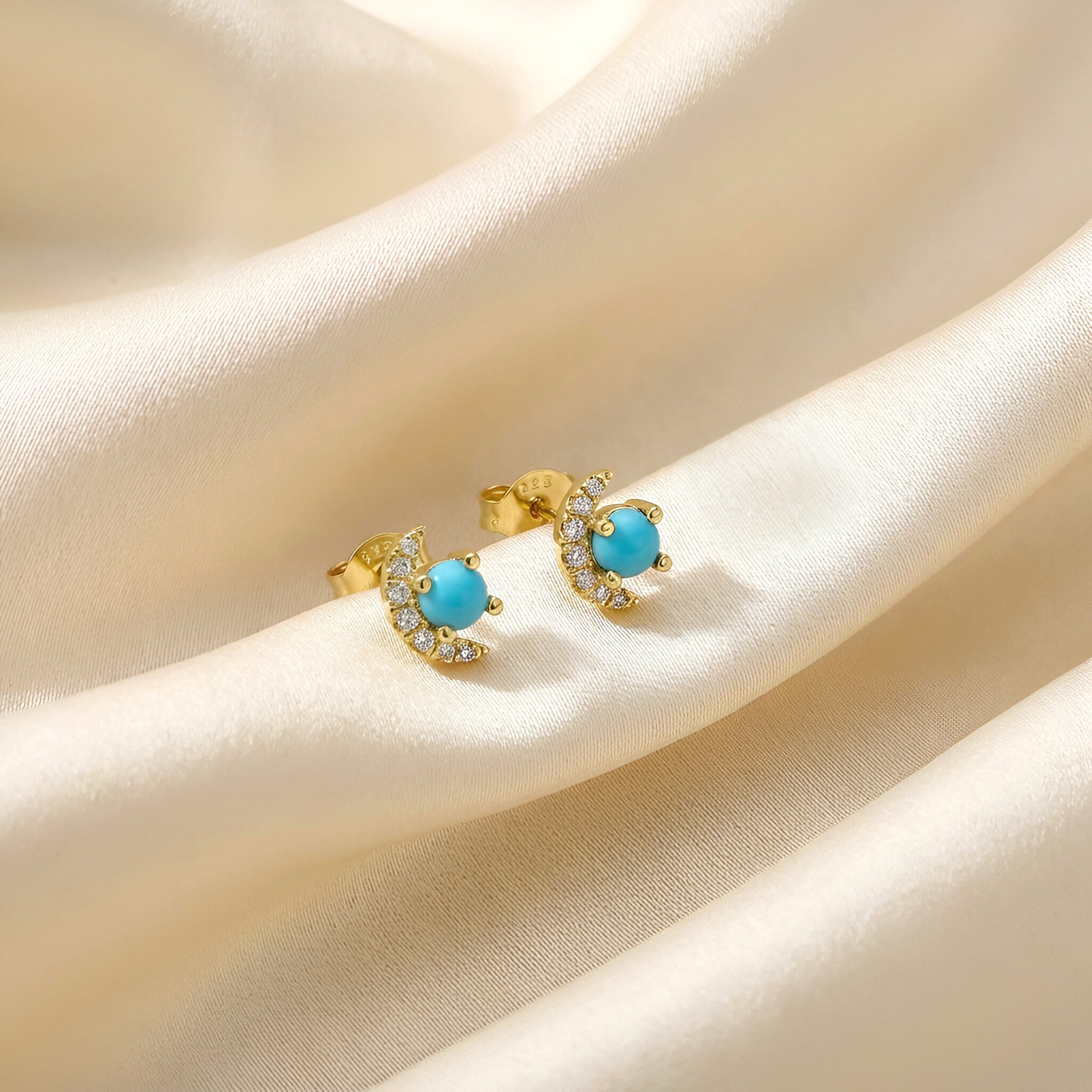 Moon Diamond Turquoise Stud Earrings in 18k Yellow Gold