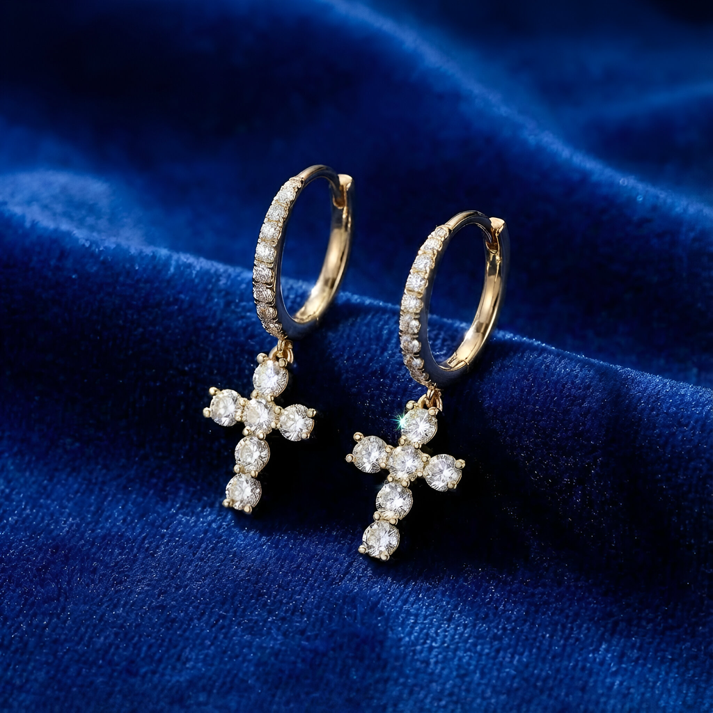 Diamond Cross Earrings in 14K Yellow Gold