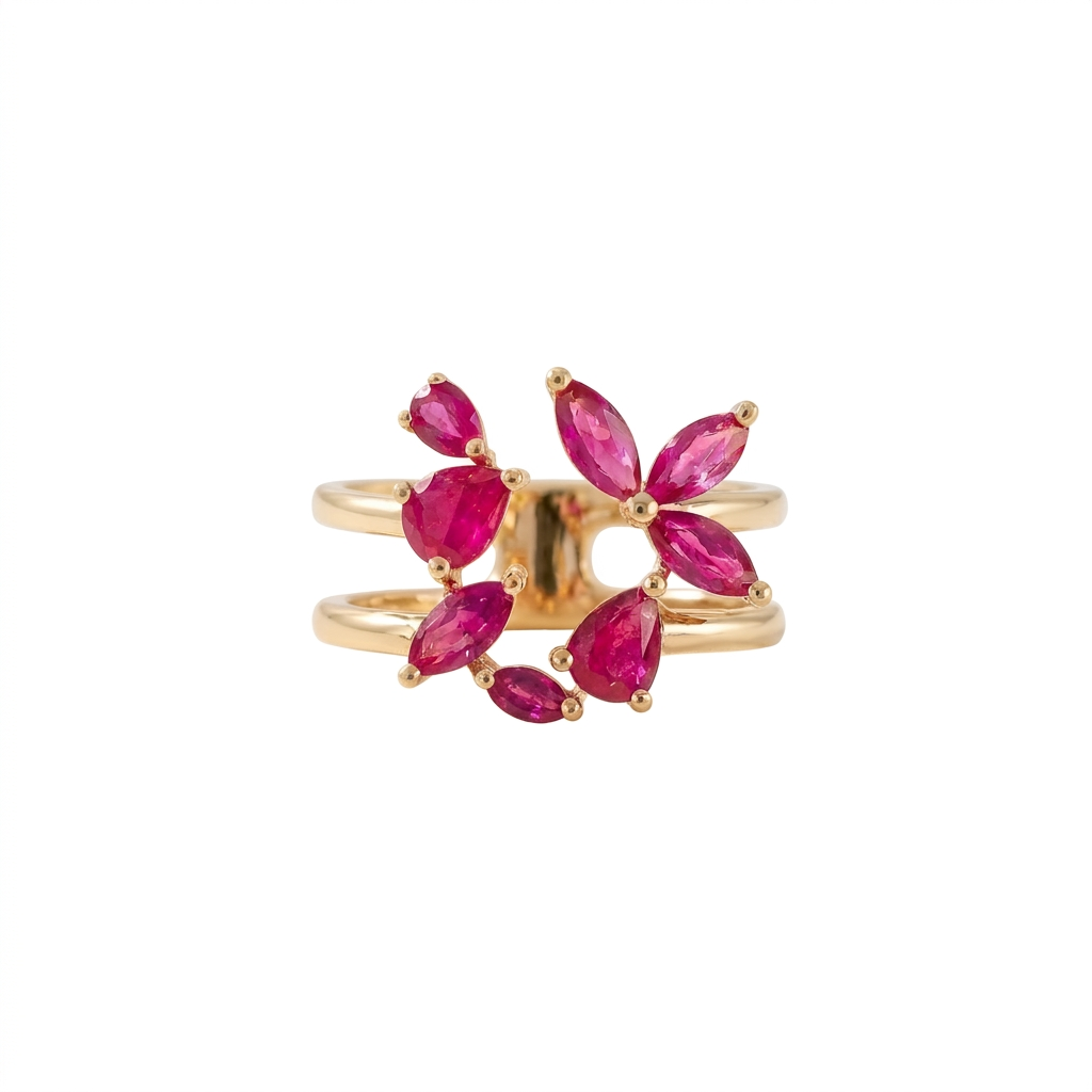 Floral Ruby Open Cuff Ring in 18K Yellow Gold – 2.07 CT Marquise & Pear Rubies