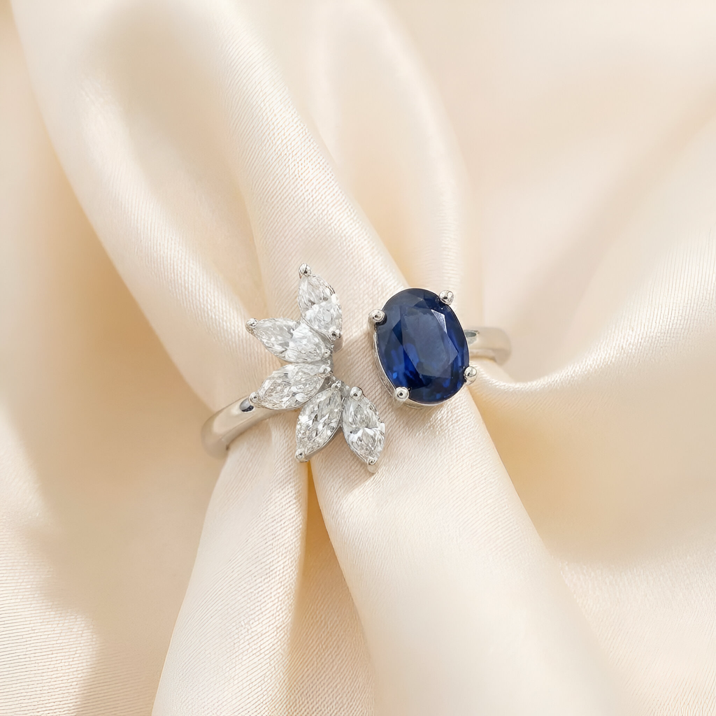 Classy Diamond Sapphire Ring in 18K White Gold