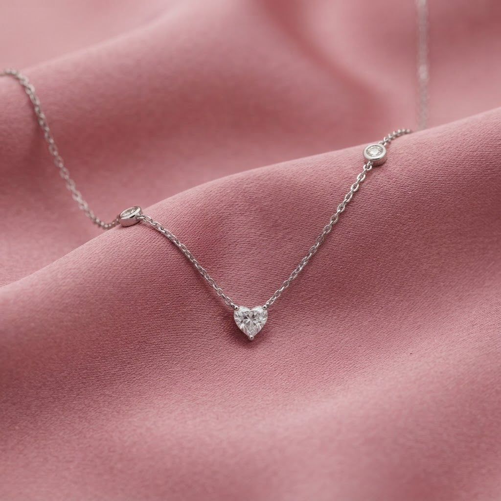 Heart Shape Diamond Necklace on 18K White Gold