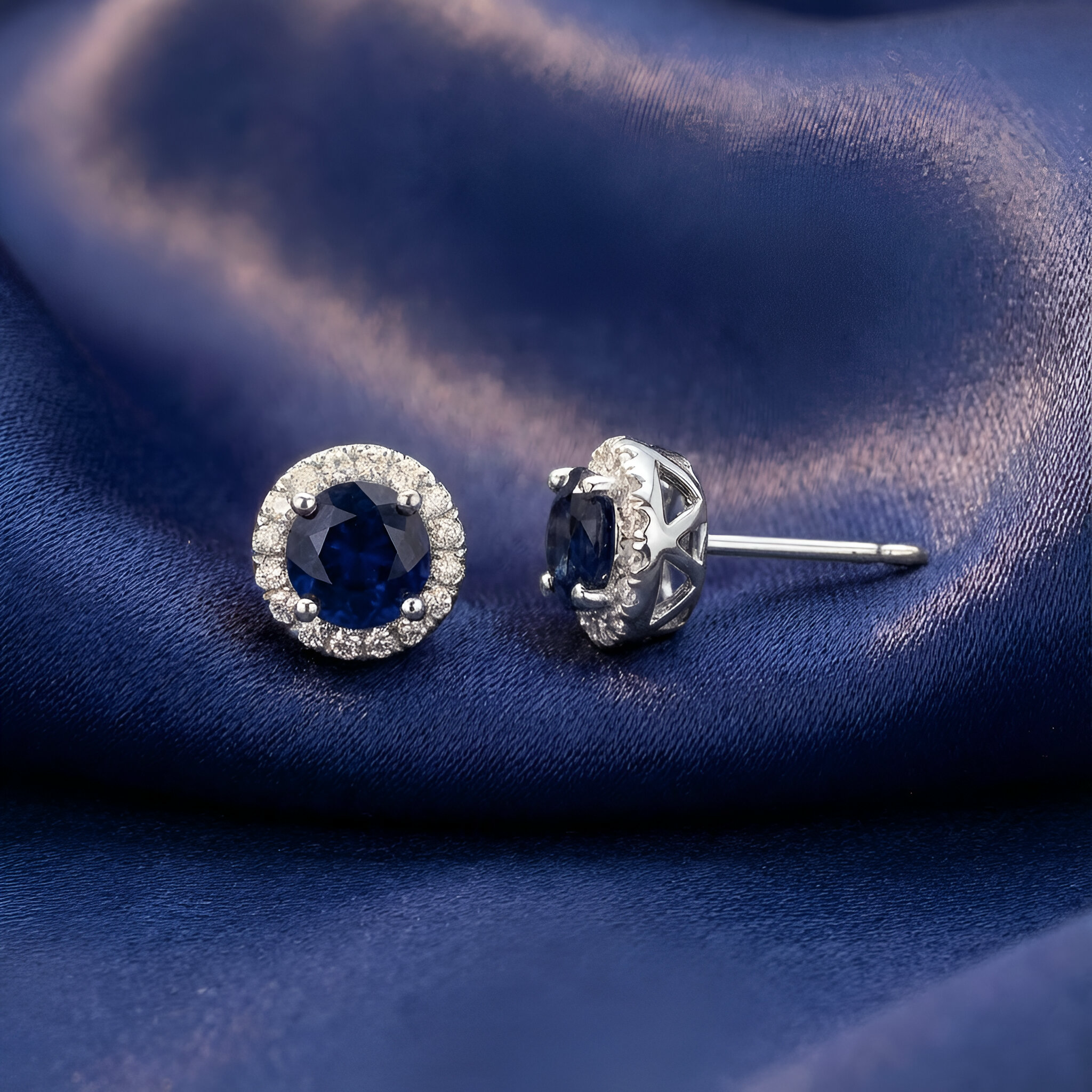 Sapphire Diamond Halo Stud Earrings in 14K White Gold