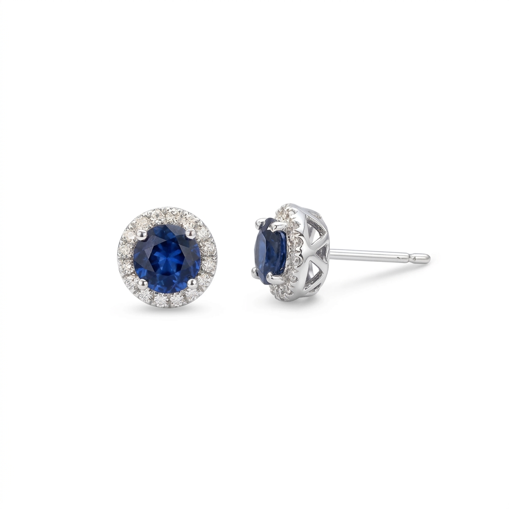 Blue Sapphire & Diamond Halo Stud Earrings in 14K White Gold – 1.28 CT Sapphire