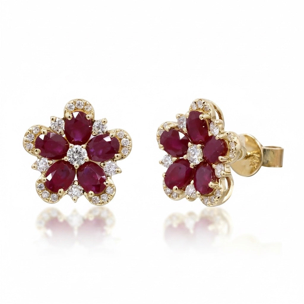 Diamond & Ruby Floral Stud Earrings in 14K Yellow Gold – 2.05 CT Rubies & 0.37 CTW Diamonds