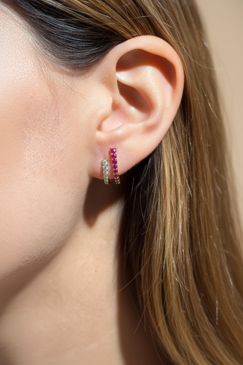 Diamond Ruby Stud Crawler Earrings in 18k Yellow Gold
