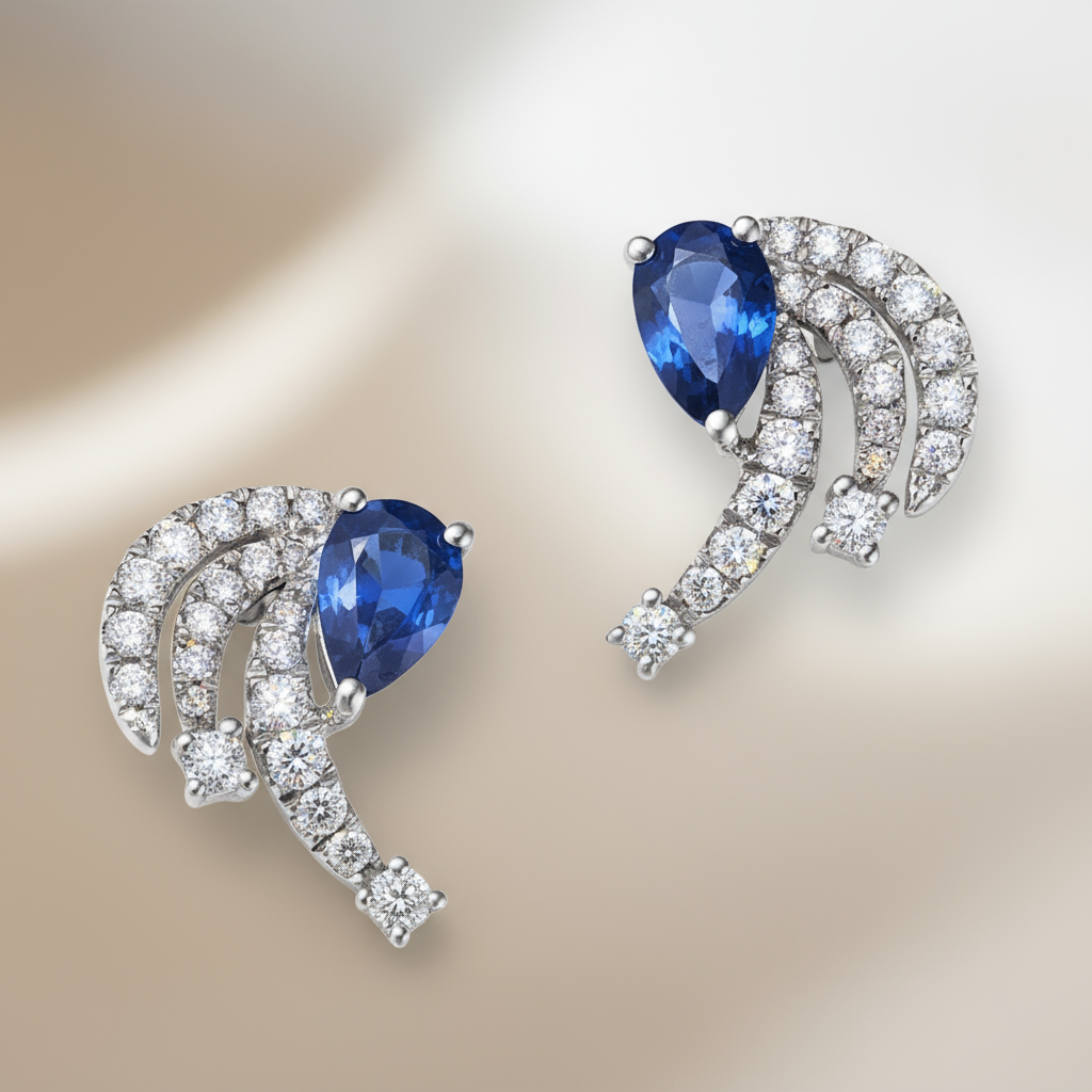 Diamond Sapphire Earrings in 14K White Gold
