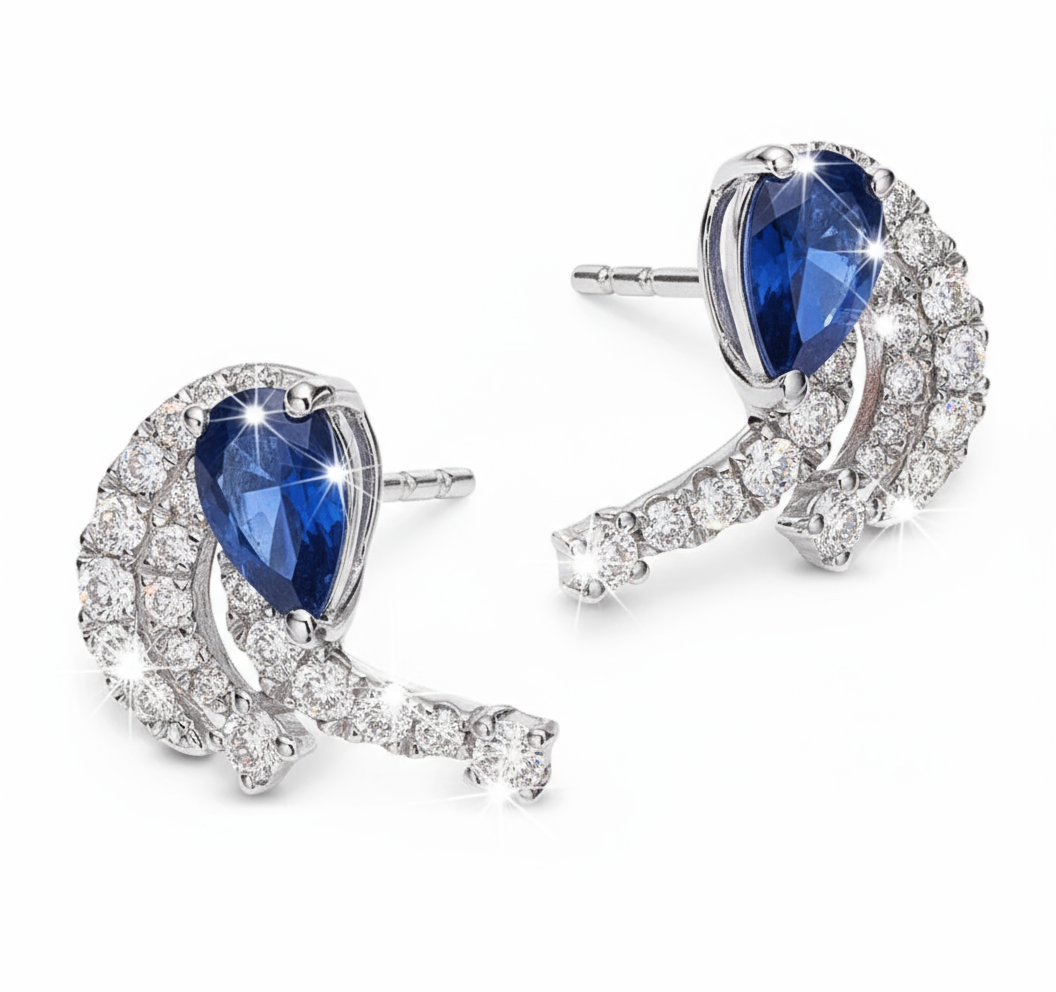 Diamond Sapphire Earrings in 14K White Gold