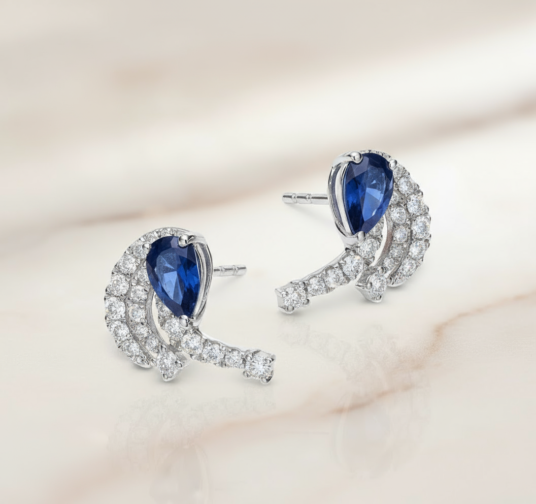 Diamond Sapphire Earrings in 14K White Gold
