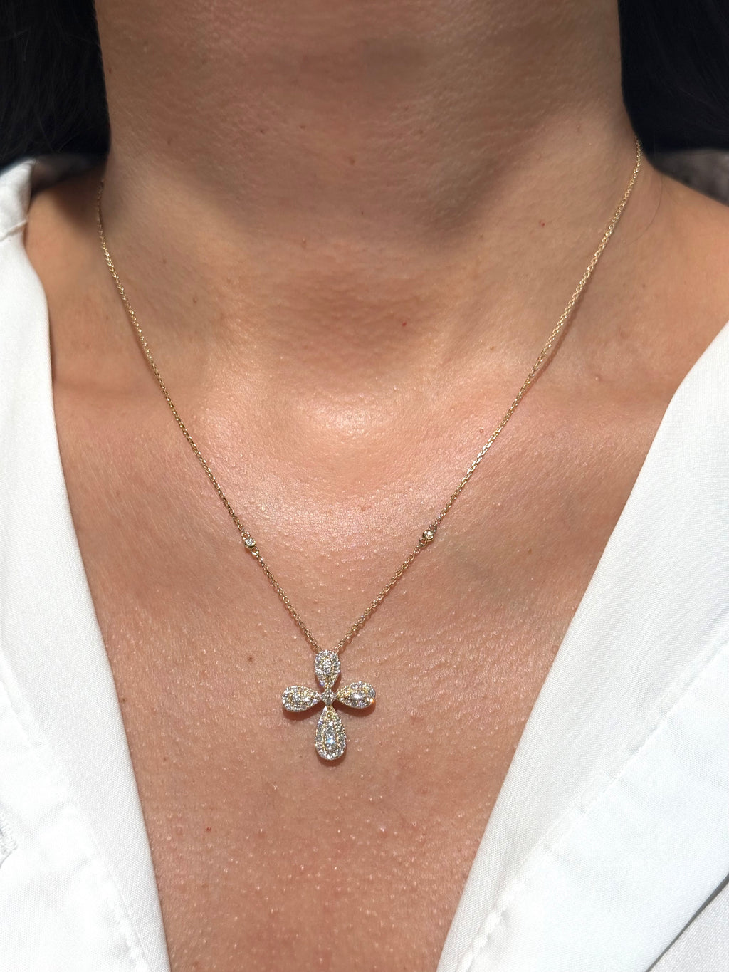Pavé Diamond Quatrefoil Cross Necklace in 14K Yellow Gold – 0.48 CTW Natural Diamonds