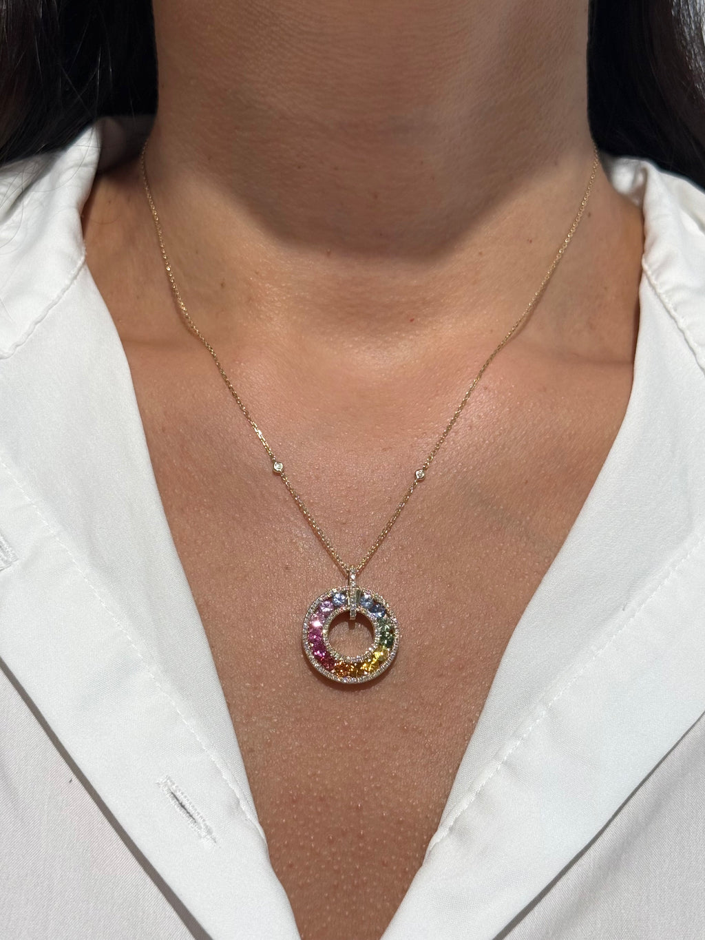 Rainbow Sapphire & Diamond Necklace in 14K Yellow Gold – Colorful Fine Jewelry