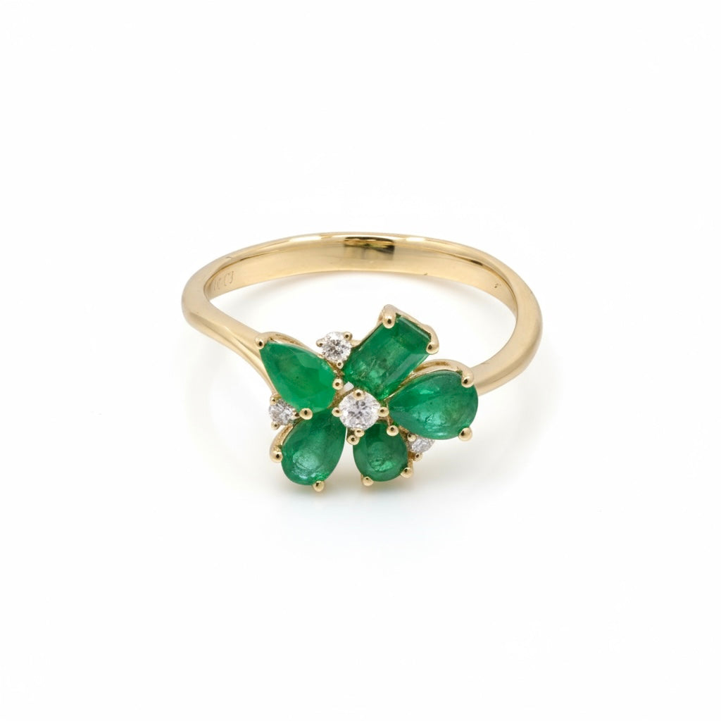 Floral Emerald Diamond Ring in 18K Yellow Gold
