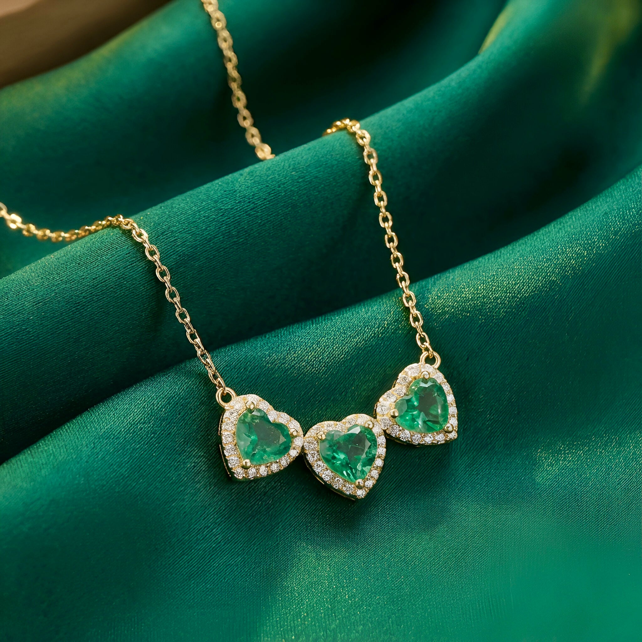 Heart Shape Emeralds Diamond Necklace in 18K Yellow Gold